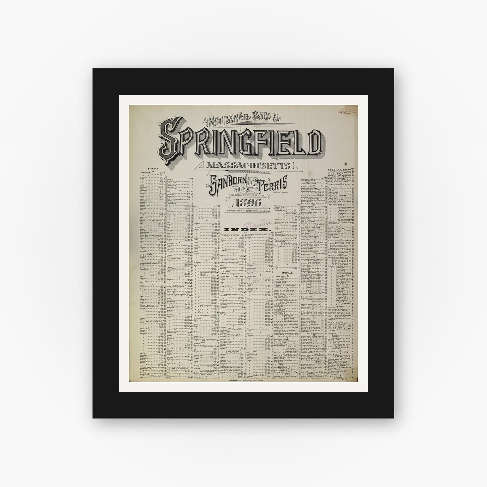 Old map wall art mockup — black gallery frame with white mat — Sanborn Fire Insurance Map from Springfield, Hampden County, Massachusetts (1896), Sheet #0001