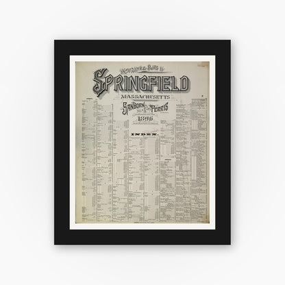 Old map wall art mockup — black gallery frame with white mat — Sanborn Fire Insurance Map from Springfield, Hampden County, Massachusetts (1896), Sheet #0001