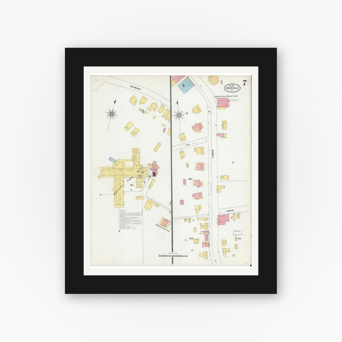 Old map wall art mockup — black gallery frame with white mat — Sanborn Fire Insurance Map from Asheville, Buncombe County, North Carolina (1901), Sheet #0007