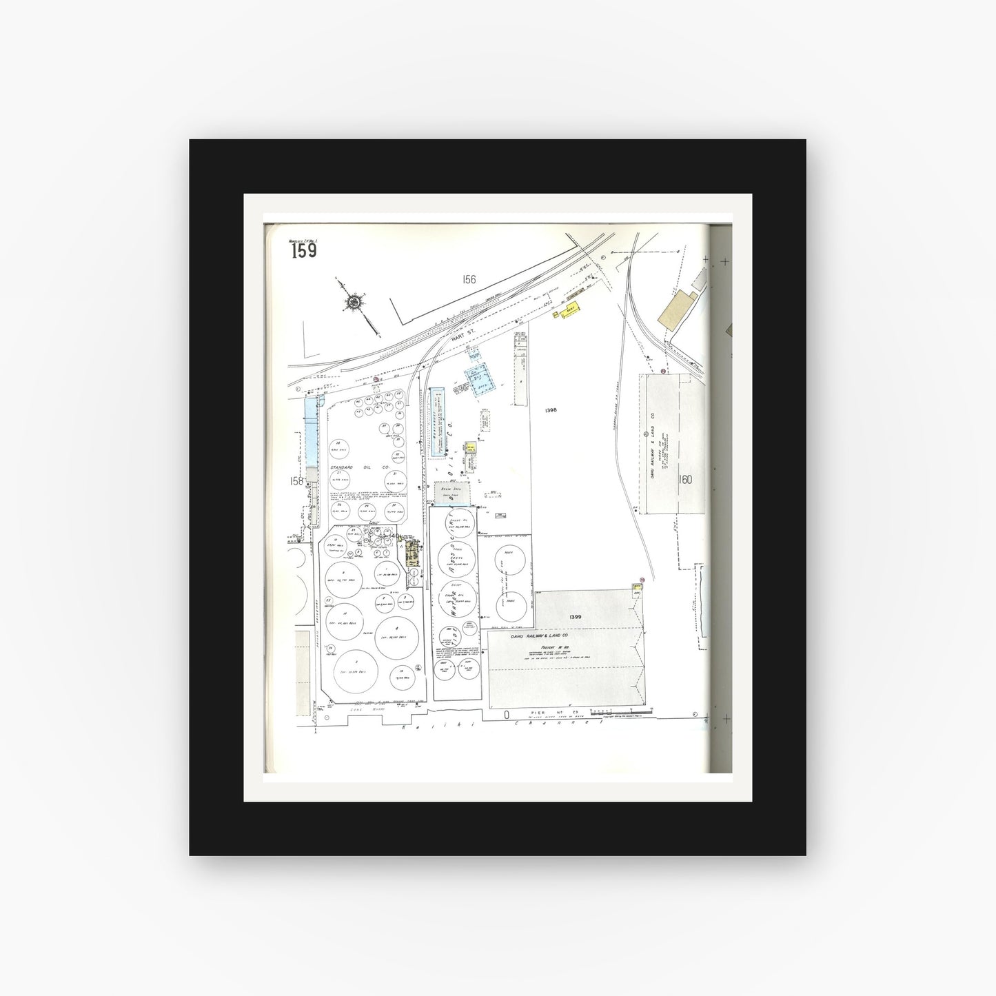 Old map wall art mockup — black gallery frame with white mat — Sanborn Fire Insurance Map from Honolulu, Oahu County, Hawaii (1955), Sheet #0159