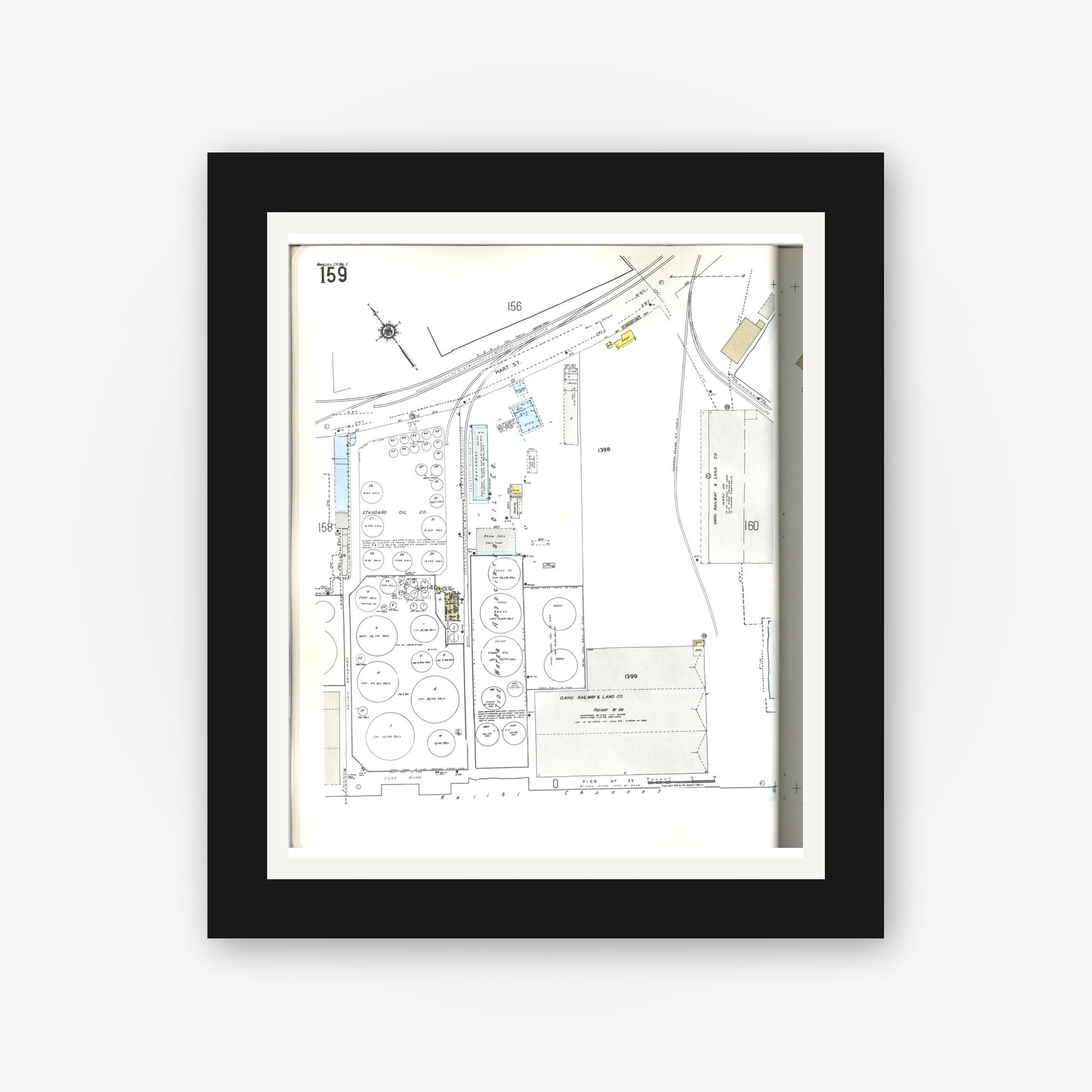 Old map wall art mockup — black gallery frame with white mat — Sanborn Fire Insurance Map from Honolulu, Oahu County, Hawaii (1955), Sheet #0159