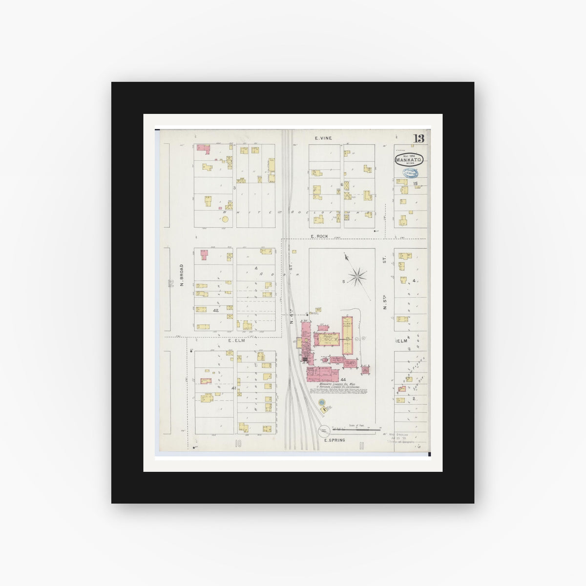 Old map wall art mockup — black gallery frame with white mat — Sanborn Fire Insurance Map from Mankato, Blue Earth County, Minnesota (1894), Sheet #0013