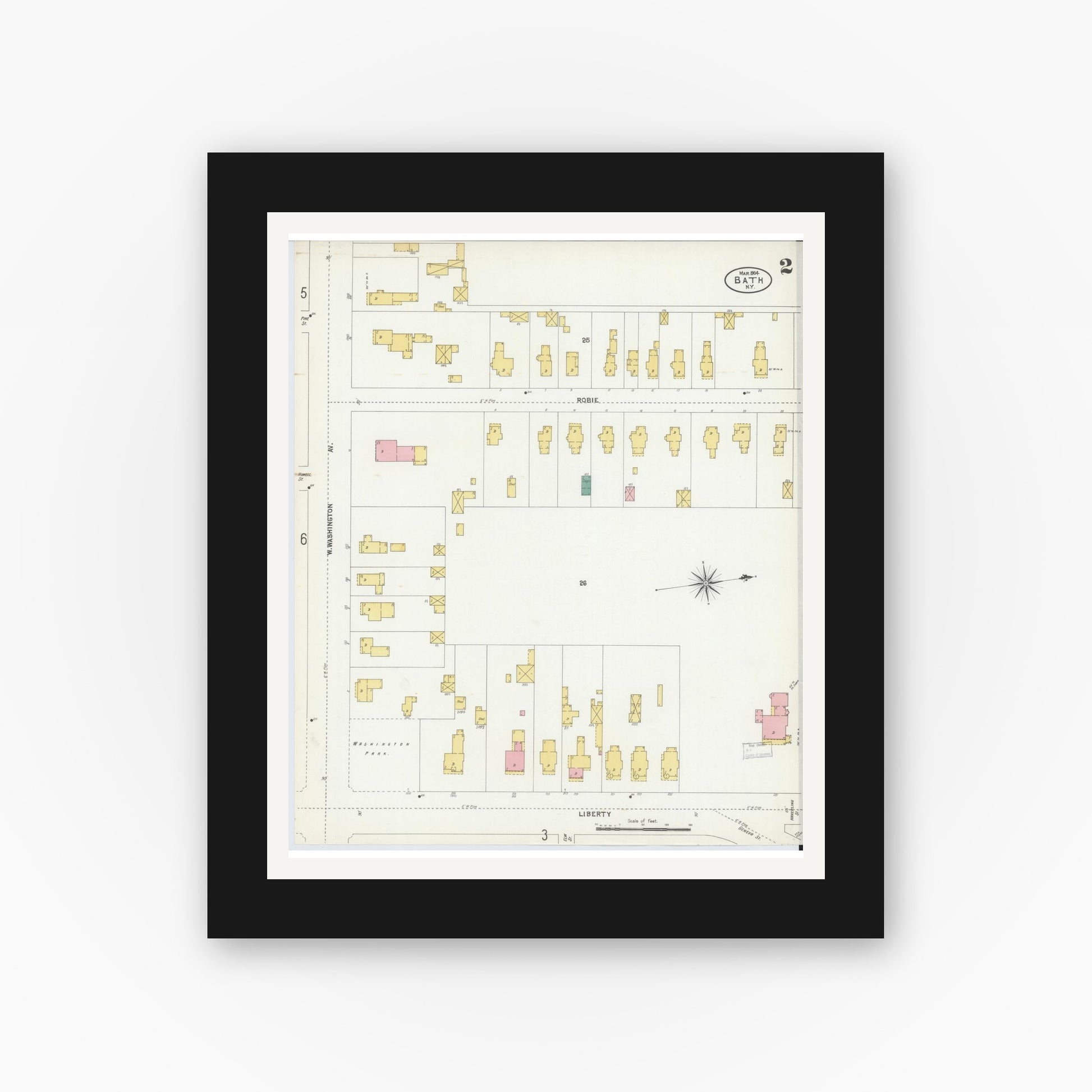 Old map wall art mockup — black gallery frame with white mat — Sanborn Fire Insurance Map from Bath, Steuben County, New York (1904), Sheet #0002