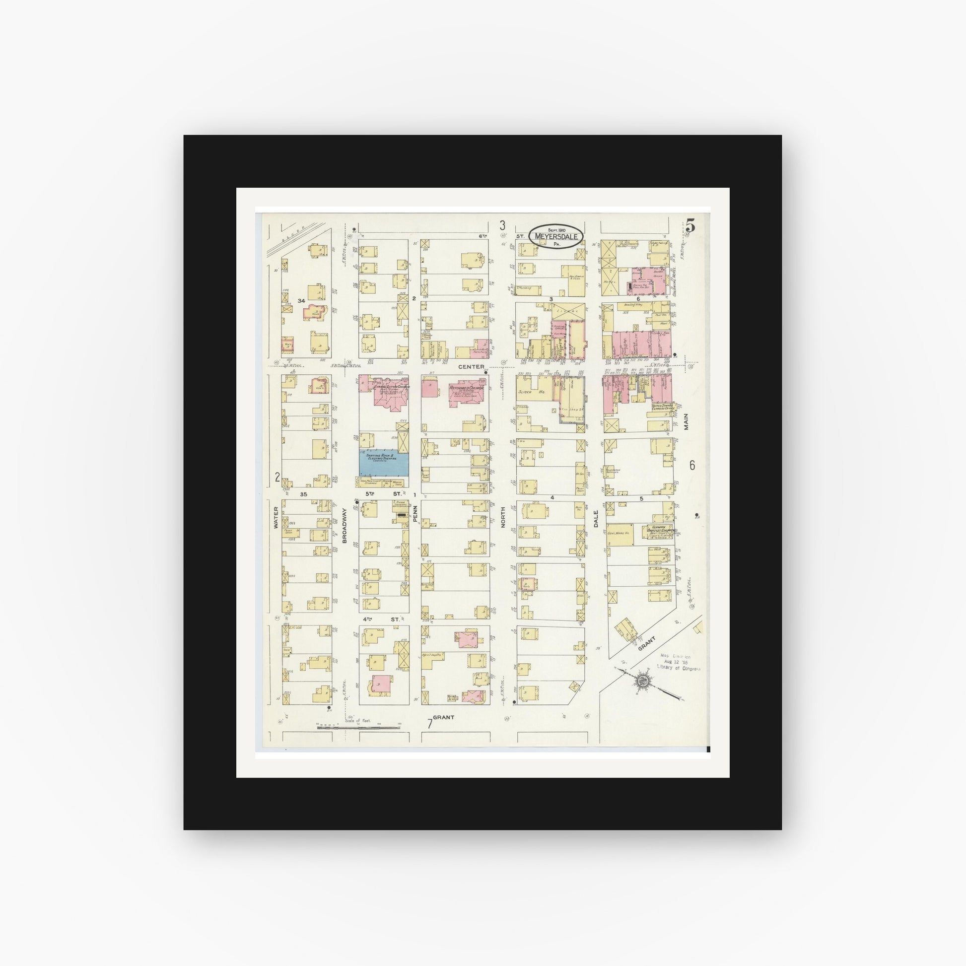 Old map wall art mockup — black gallery frame with white mat — Sanborn Fire Insurance Map from Meyersdale, Somerset County, Pennsylvania (1910), Sheet #0005