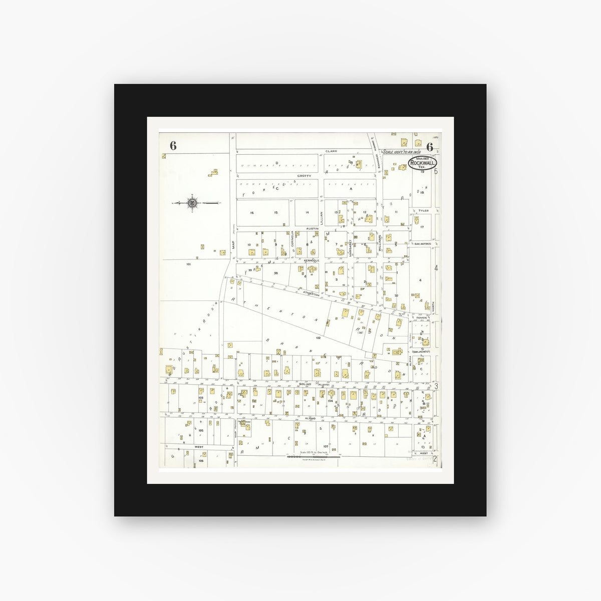 Old map wall art mockup — black gallery frame with white mat — Sanborn Fire Insurance Map from Rockwall, Rockwall County, Texas (1923), Sheet #0006