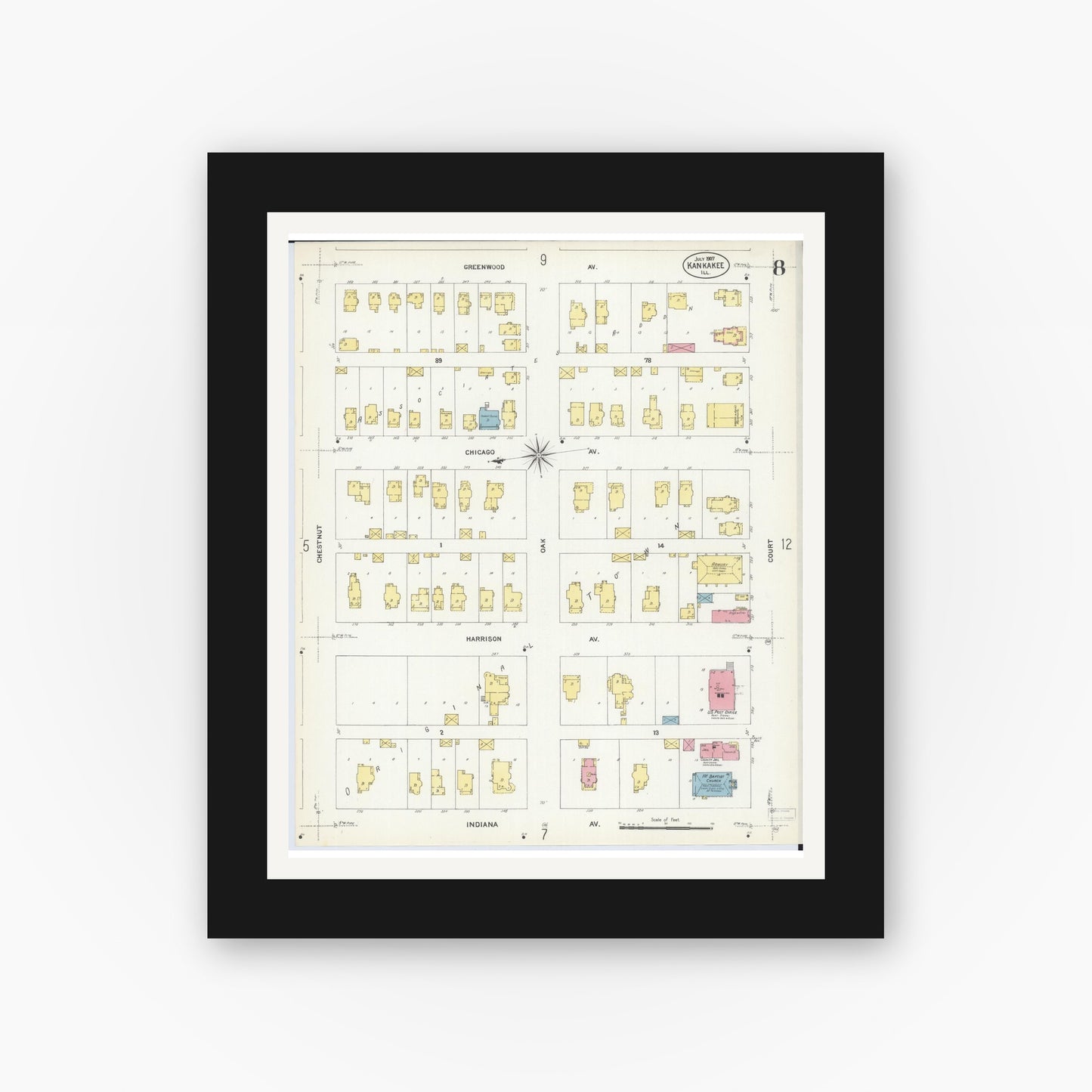 Old map wall art mockup — black gallery frame with white mat — Sanborn Fire Insurance Map from Kankakee, Kankakee County, Illinois (1907), Sheet #0008