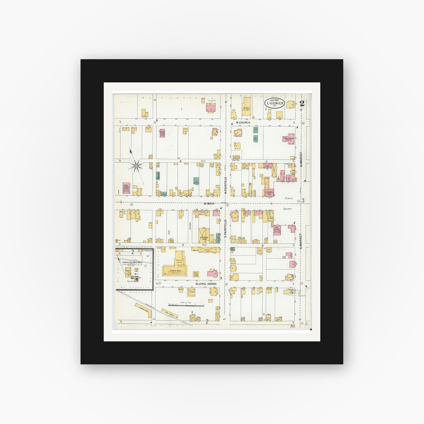 Old map wall art mockup — black gallery frame with white mat — Sanborn Fire Insurance Map from Ligonier, Westmoreland County, Pennsylvania (1900), Sheet #0002