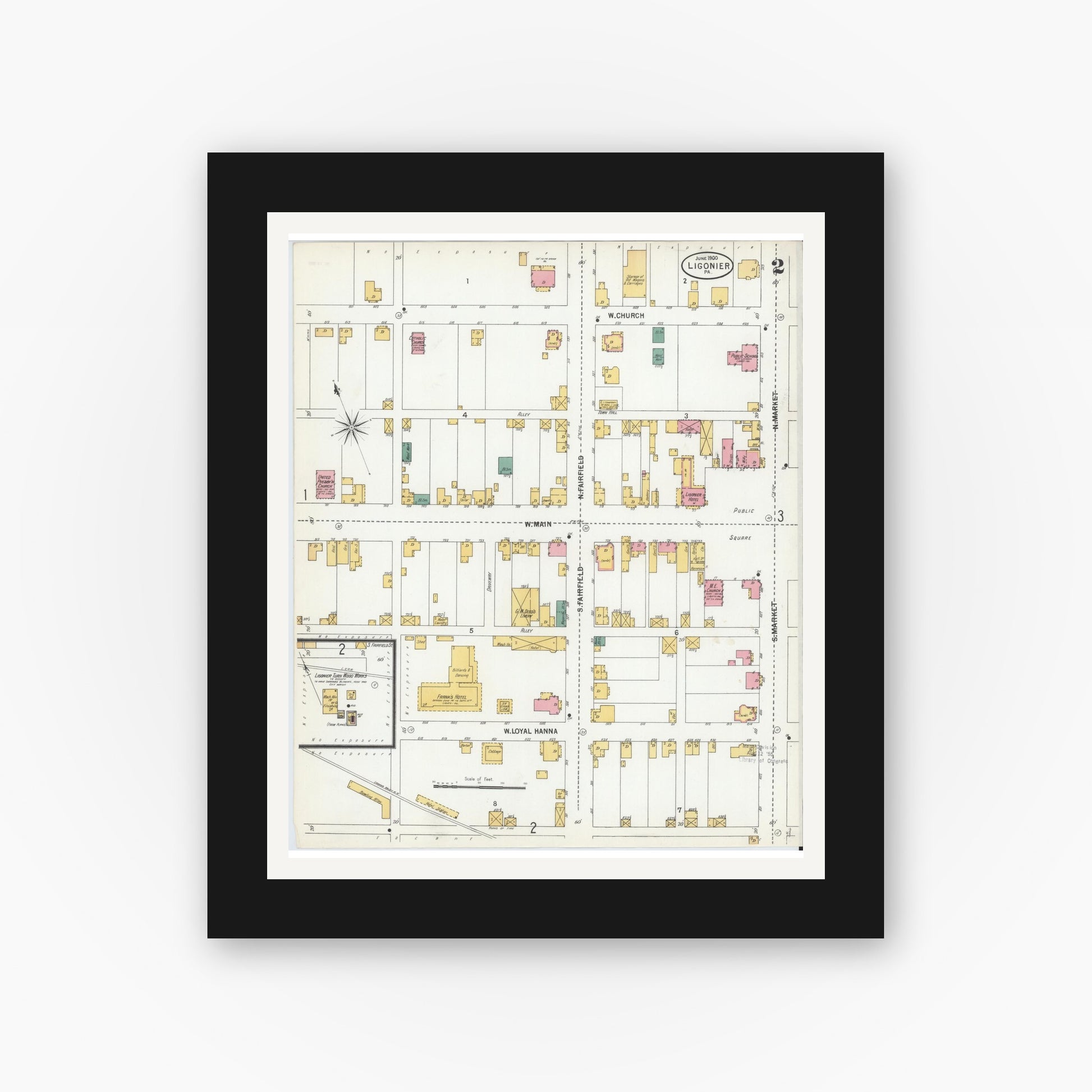 Old map wall art mockup — black gallery frame with white mat — Sanborn Fire Insurance Map from Ligonier, Westmoreland County, Pennsylvania (1900), Sheet #0002