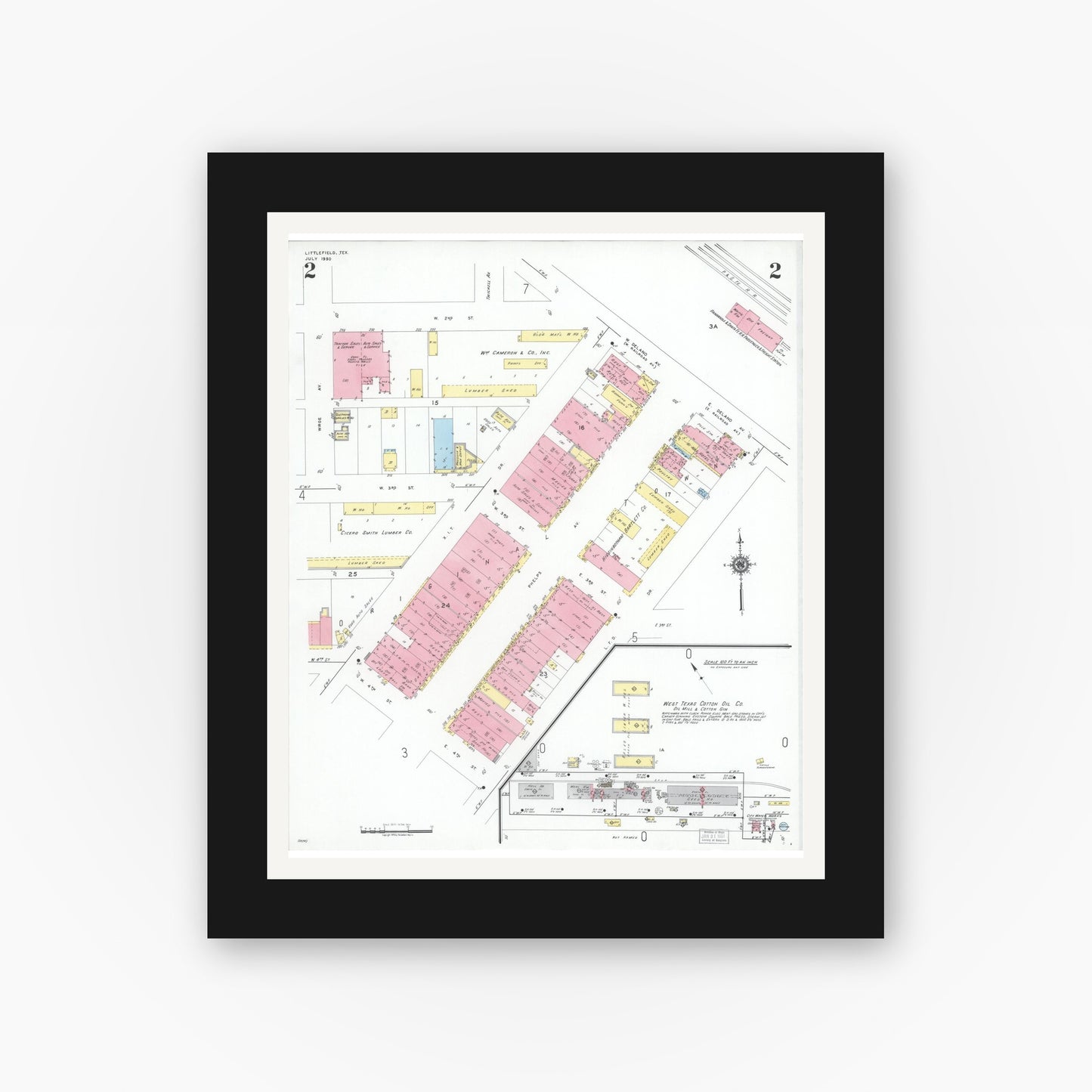 Old map wall art mockup — black gallery frame with white mat — Sanborn Fire Insurance Map from Littlefield, Lamb County, Texas (1950), Sheet #0002