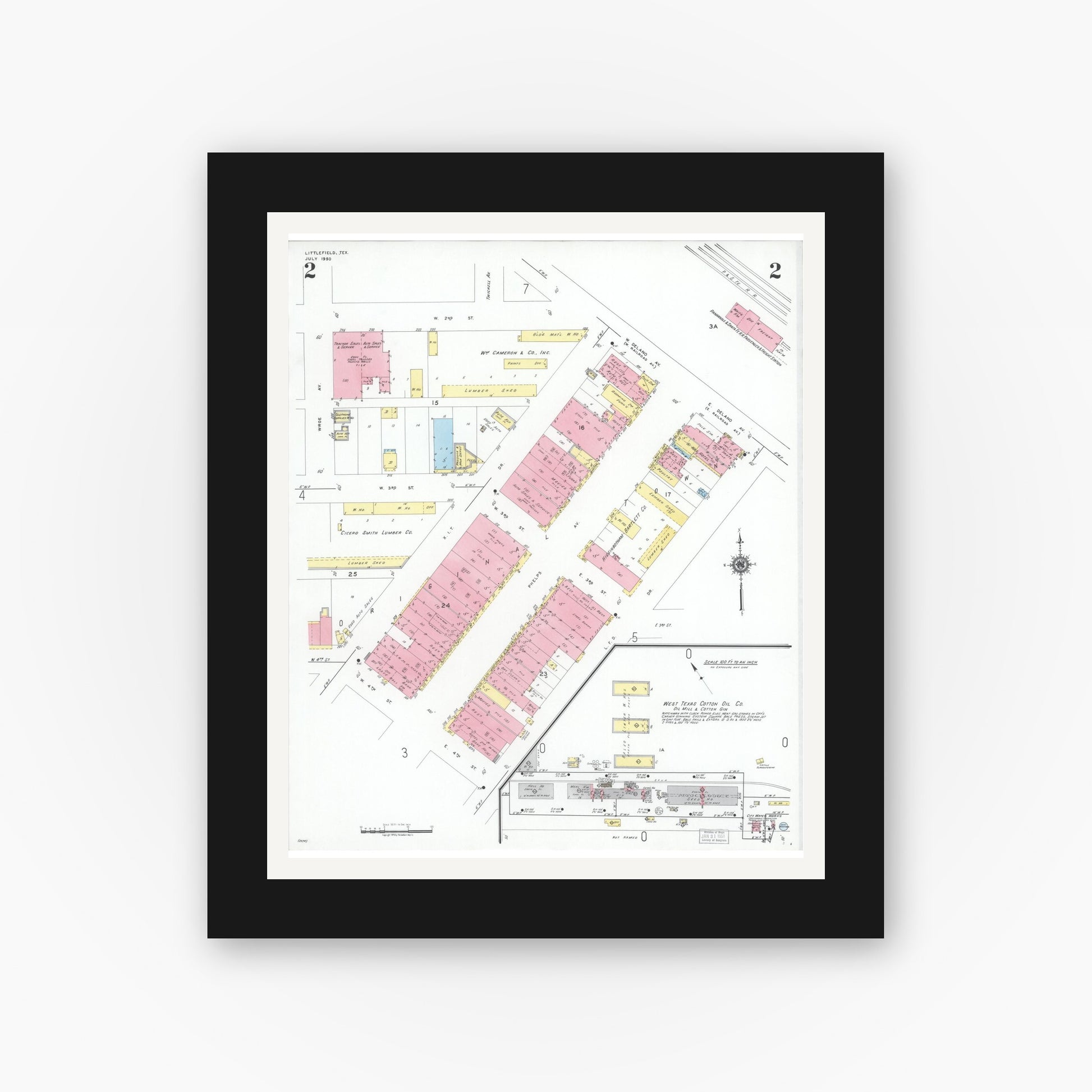 Old map wall art mockup — black gallery frame with white mat — Sanborn Fire Insurance Map from Littlefield, Lamb County, Texas (1950), Sheet #0002