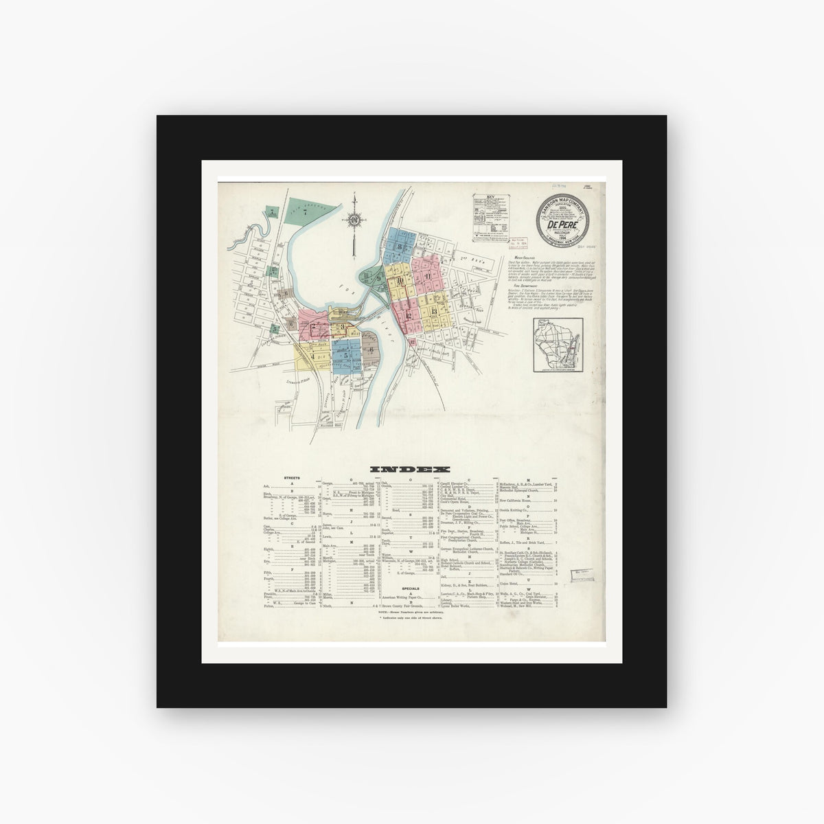 Old map wall art mockup — black gallery frame with white mat — Sanborn Fire Insurance Map from De Pere, Brown County, Wisconsin (1914) - Complete Map Set