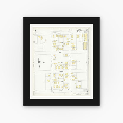 Old map wall art mockup — black gallery frame with white mat — Sanborn Fire Insurance Map from Palatka, Putnam County, Florida (1924), Sheet #0009