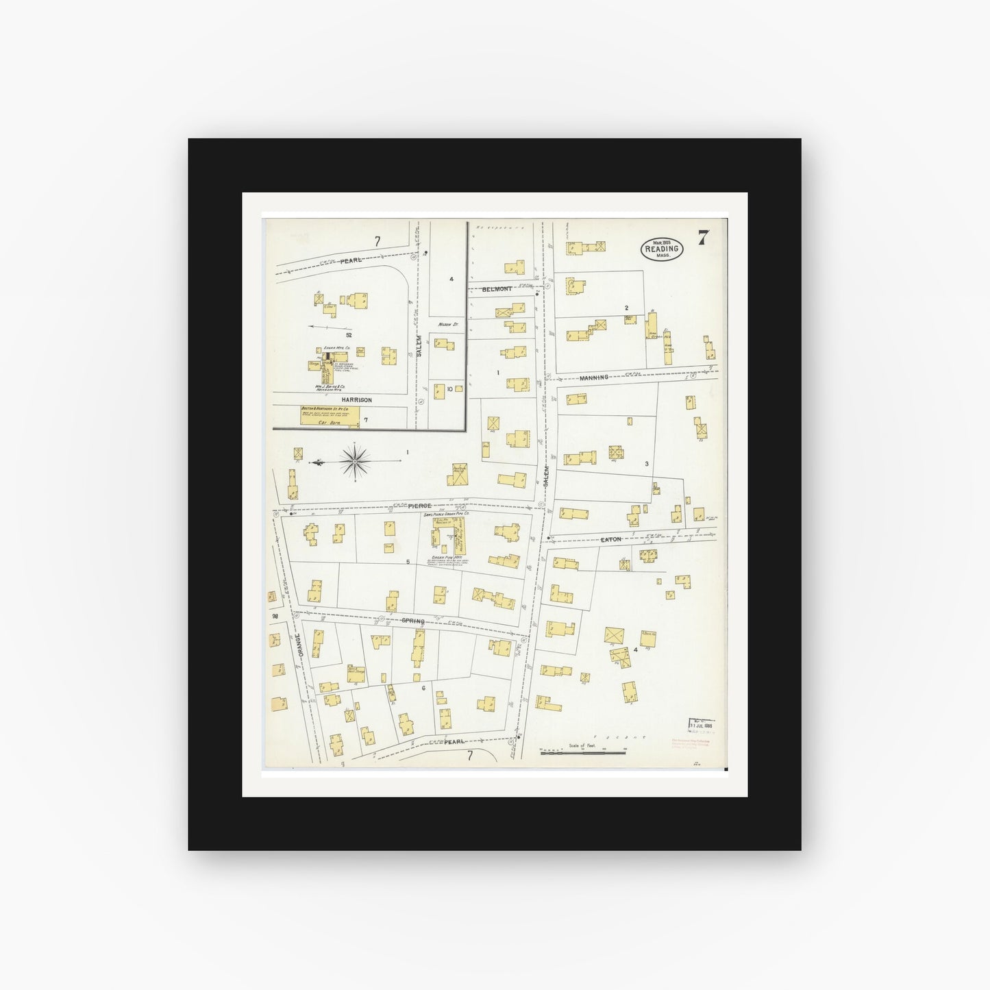 Old map wall art mockup — black gallery frame with white mat — Sanborn Fire Insurance Map from Reading, Middlesex County, Massachusetts (1903), Sheet #0007