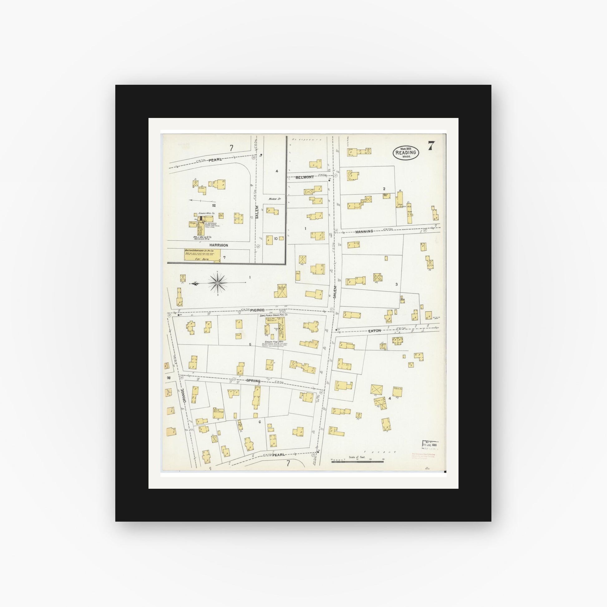 Old map wall art mockup — black gallery frame with white mat — Sanborn Fire Insurance Map from Reading, Middlesex County, Massachusetts (1903), Sheet #0007