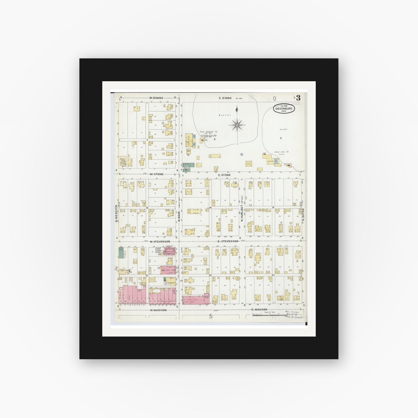 Old map wall art mockup — black gallery frame with white mat — Sanborn Fire Insurance Map from Gibsonburg, Sandusky County, Ohio (1902), Sheet #0003