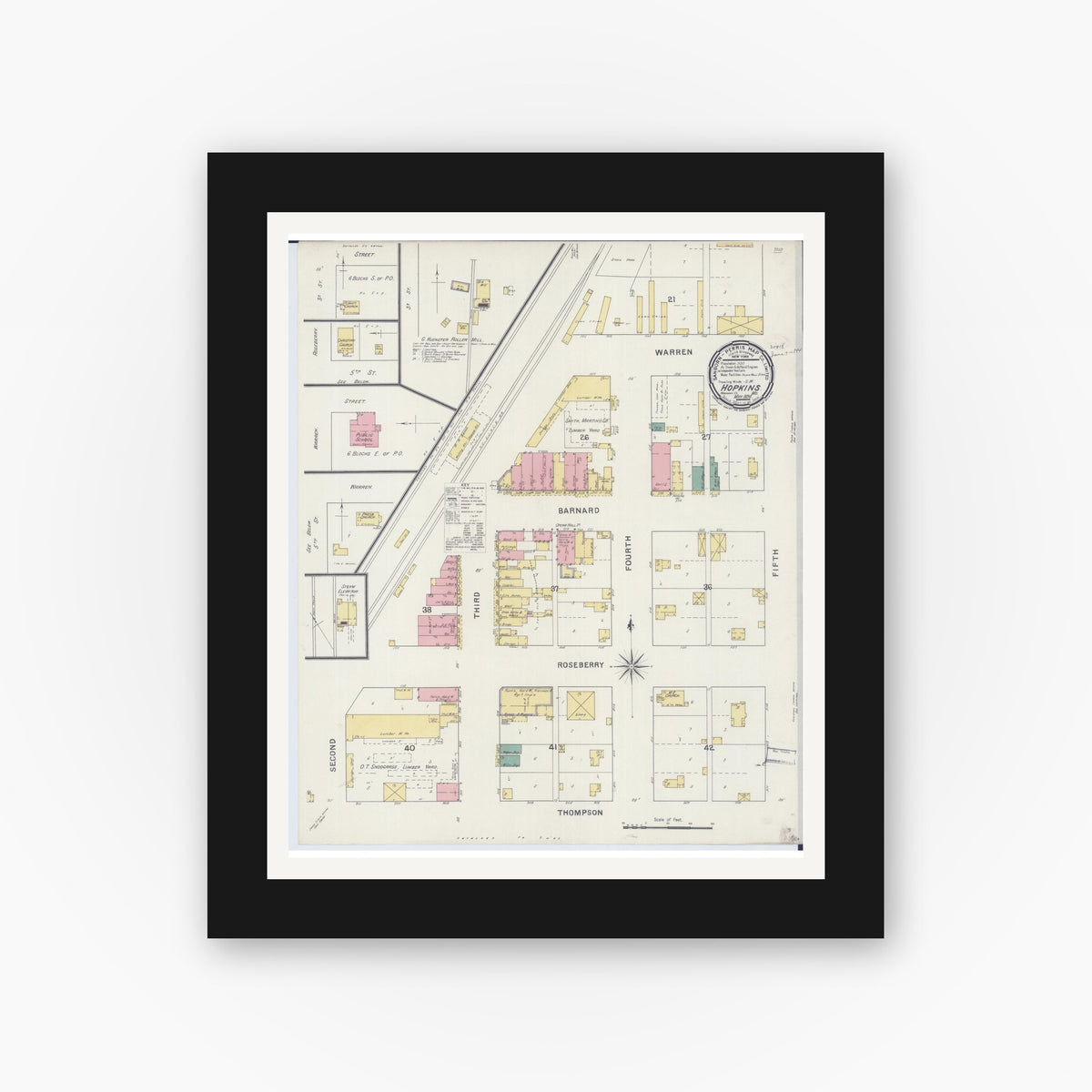 Old map wall art mockup — black gallery frame with white mat — Sanborn Fire Insurance Map from Hopkins, Nodaway County, Missouri (1894), Sheet #0001