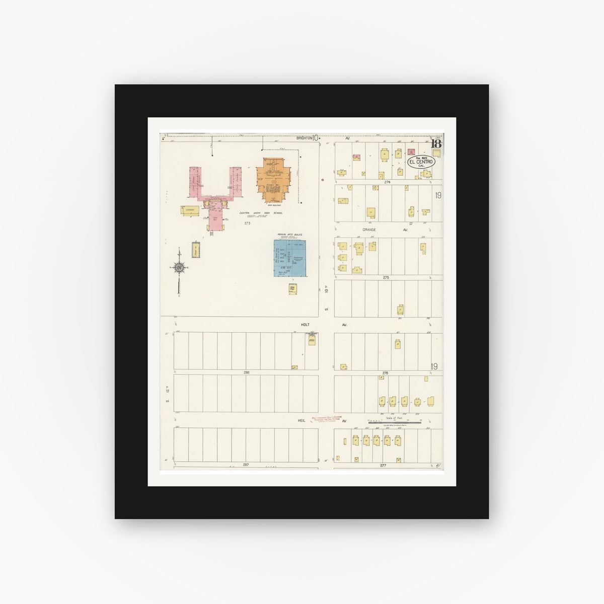 Old map wall art mockup — black gallery frame with white mat — Sanborn Fire Insurance Map from El Centro, Imperial County, California (1922), Sheet #0018