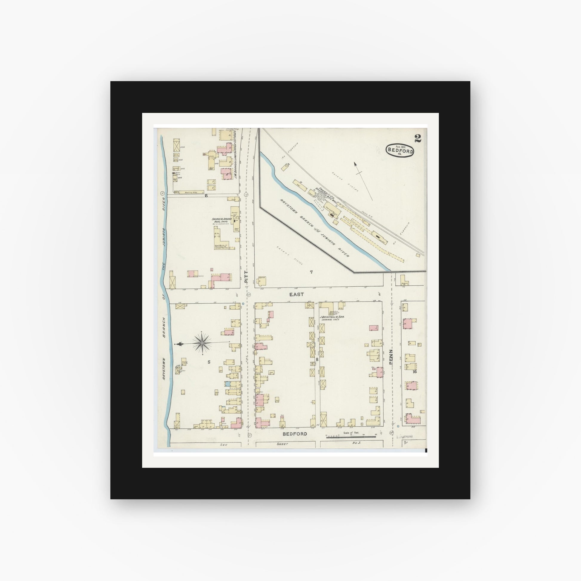 Old map wall art mockup — black gallery frame with white mat — Sanborn Fire Insurance Map from Bedford, Bedford County, Pennsylvania (1891), Sheet #0002