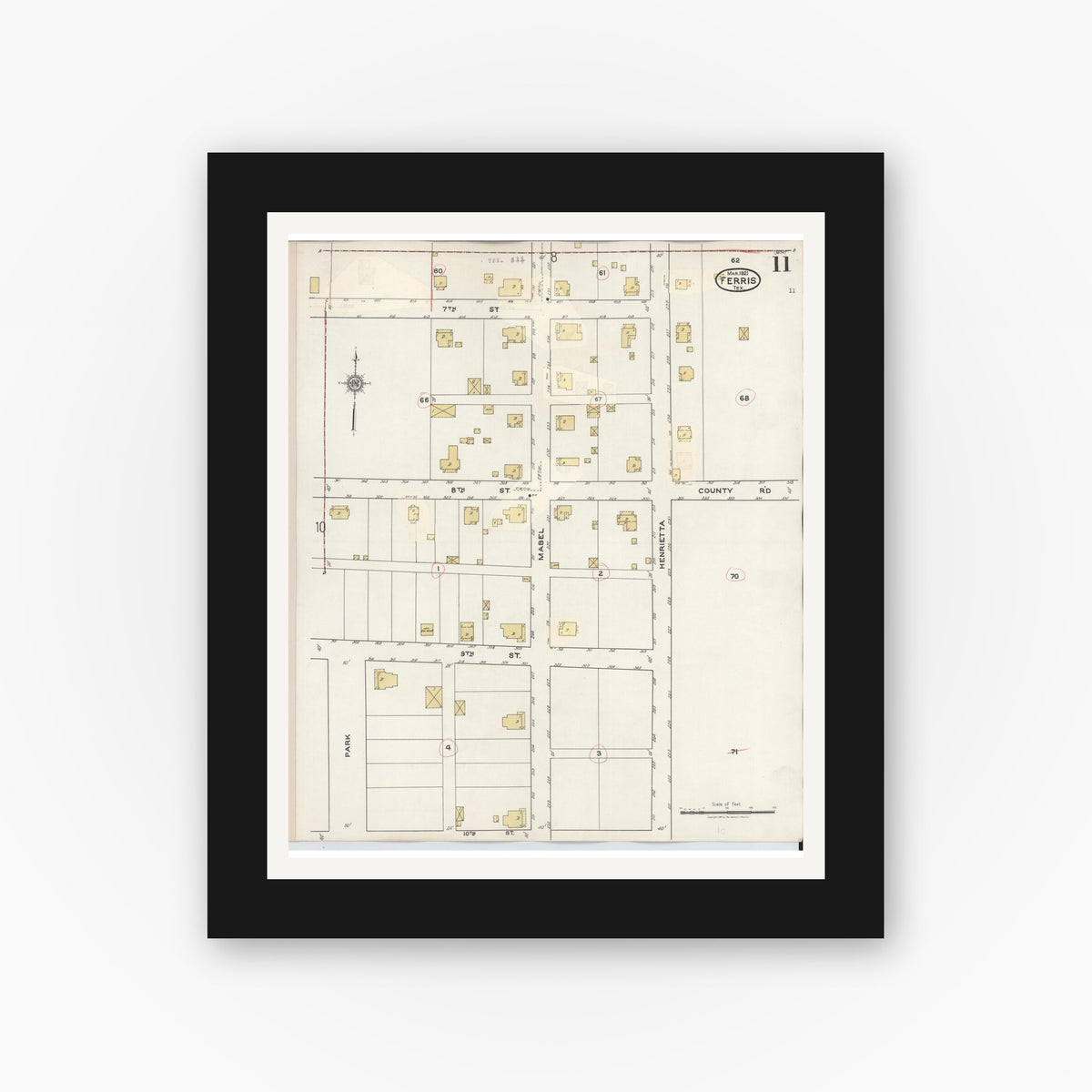 Old map wall art mockup — black gallery frame with white mat — Sanborn Fire Insurance Map from Ferris, Ellis County, Texas (1941), Sheet #0011