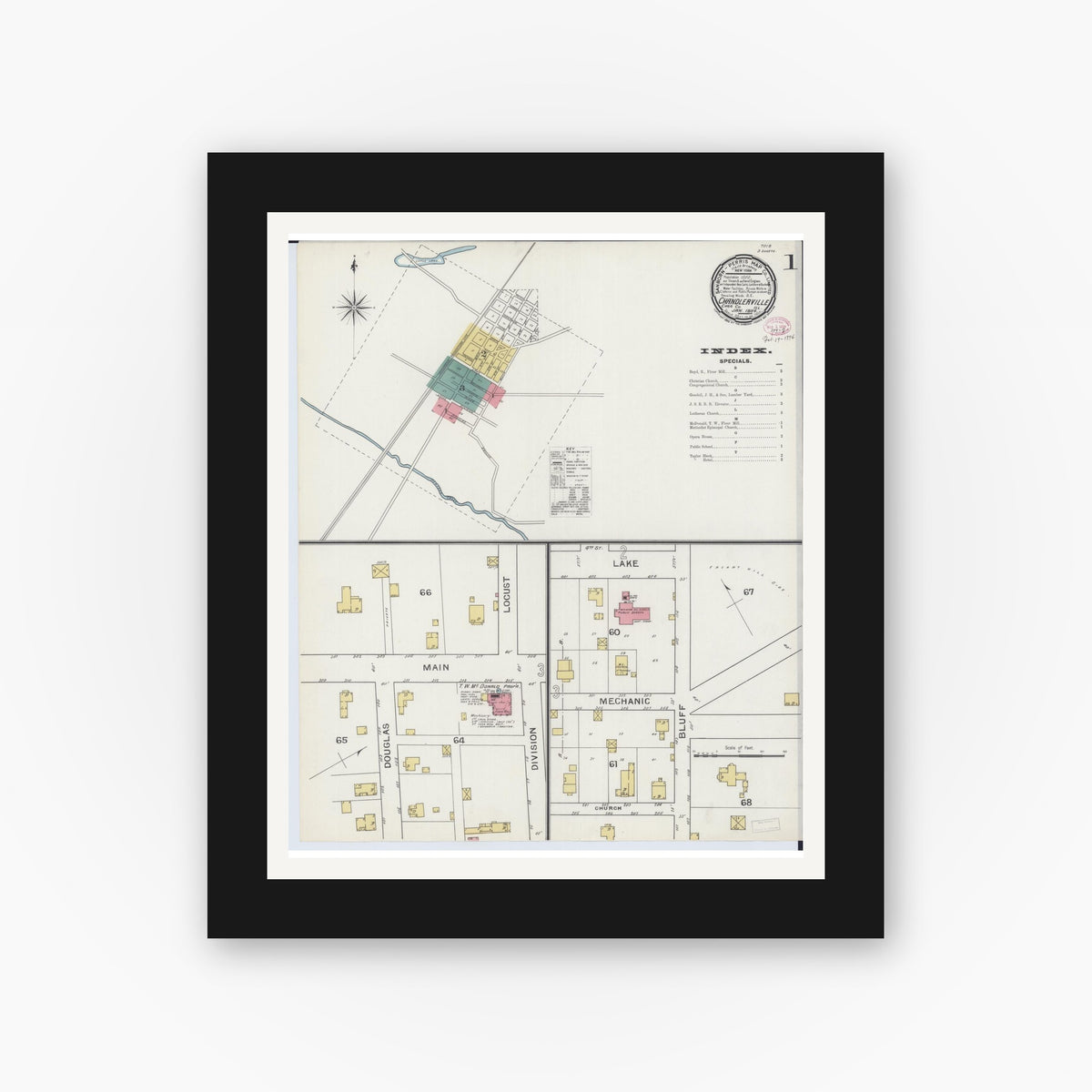 Old map wall art mockup — black gallery frame with white mat — Sanborn Fire Insurance Map from Chandlerville, Cass County, Illinois (1894) - Complete Map Set