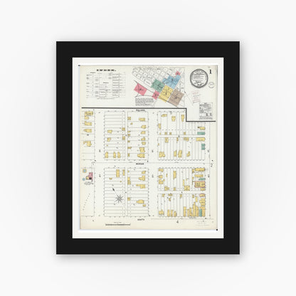 Old map wall art mockup — black gallery frame with white mat — Sanborn Fire Insurance Map from Tracy, Lyon County, Minnesota (1899), Sheet #0001