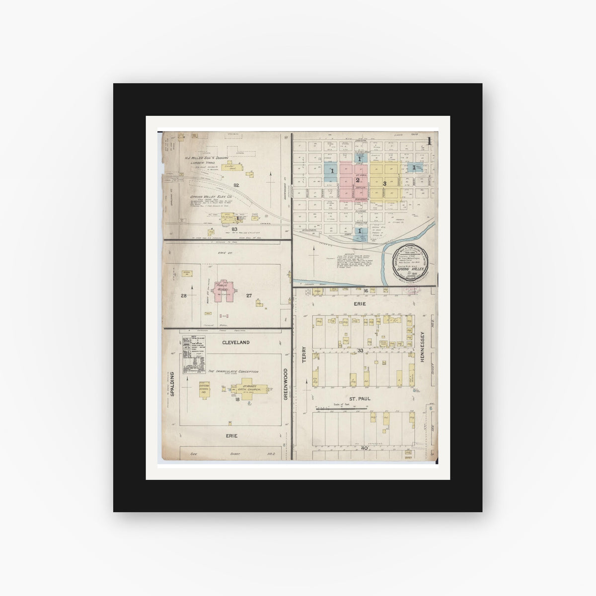 Old map wall art mockup — black gallery frame with white mat — Sanborn Fire Insurance Map from Spring Valley, Bureau County, Illinois (1888) - Complete Map Set