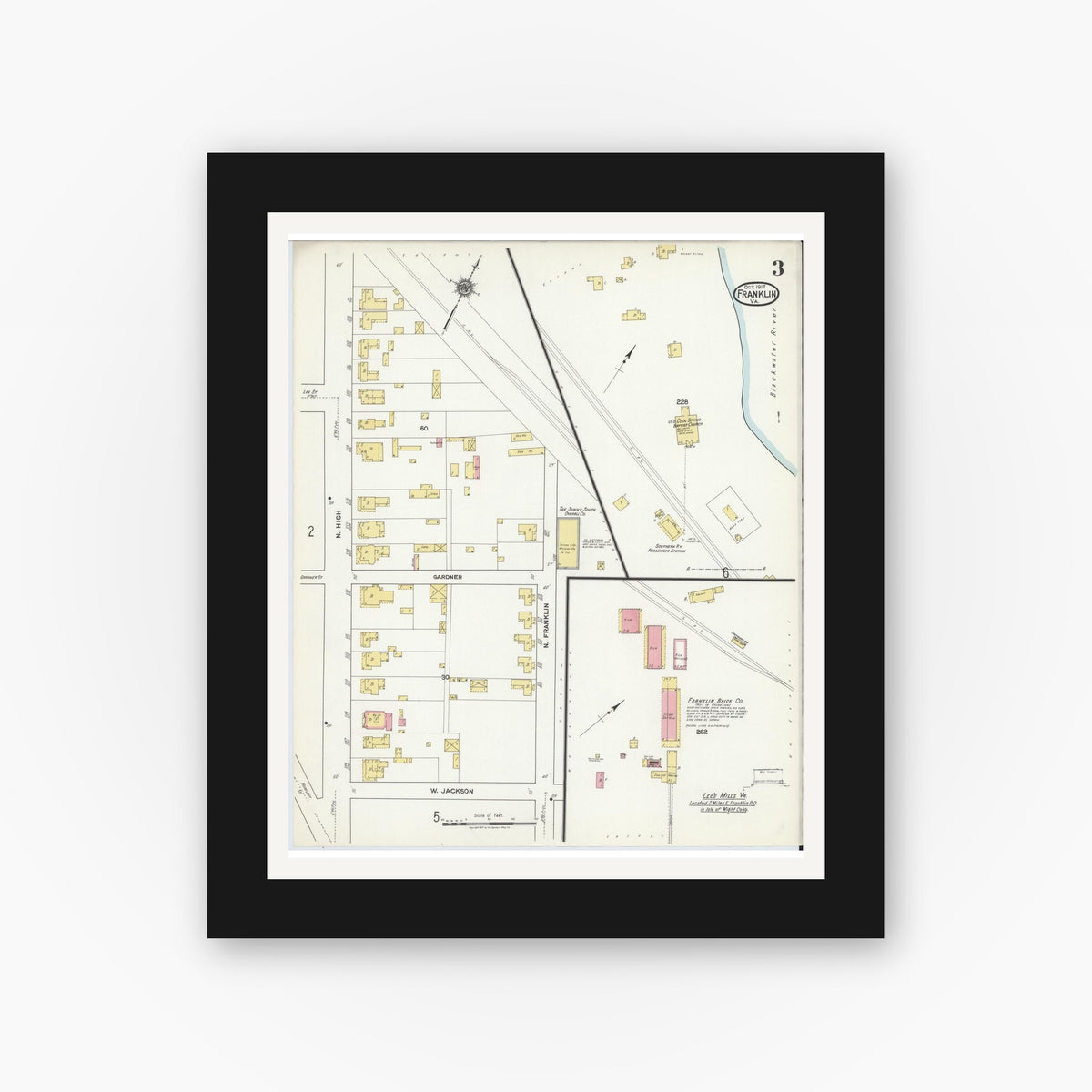 Old map wall art mockup — black gallery frame with white mat — Sanborn Fire Insurance Map from Franklin, Independent Cities, Virginia (1917), Sheet #0003