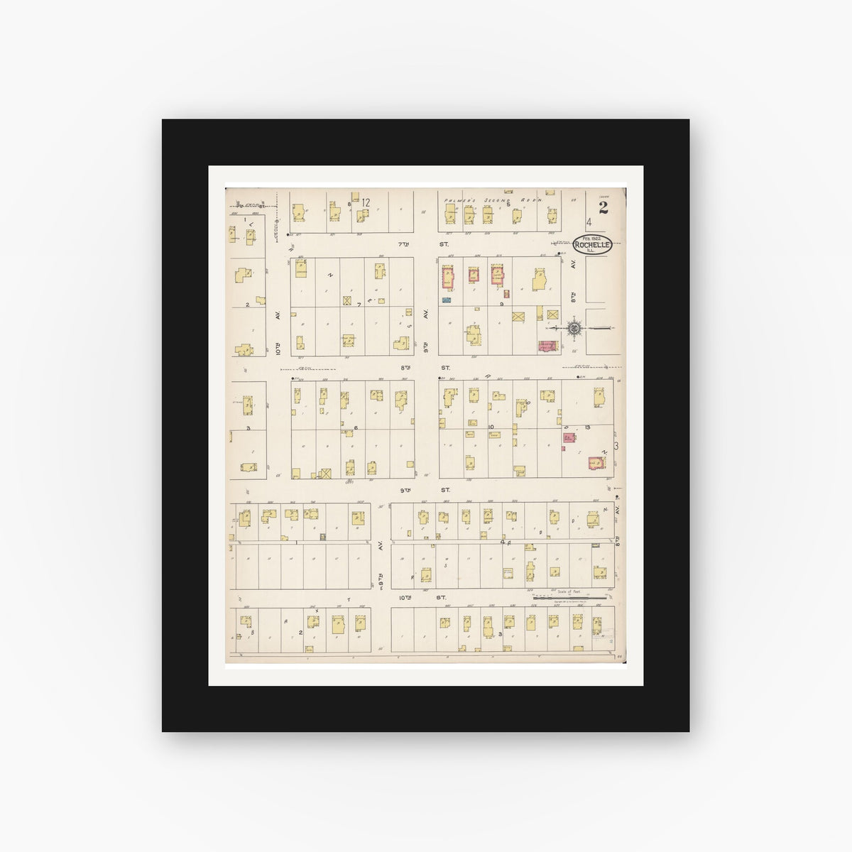 Old map wall art mockup — black gallery frame with white mat — Sanborn Fire Insurance Map from Rochelle, Ogle County, Illinois (1922), Sheet #0002