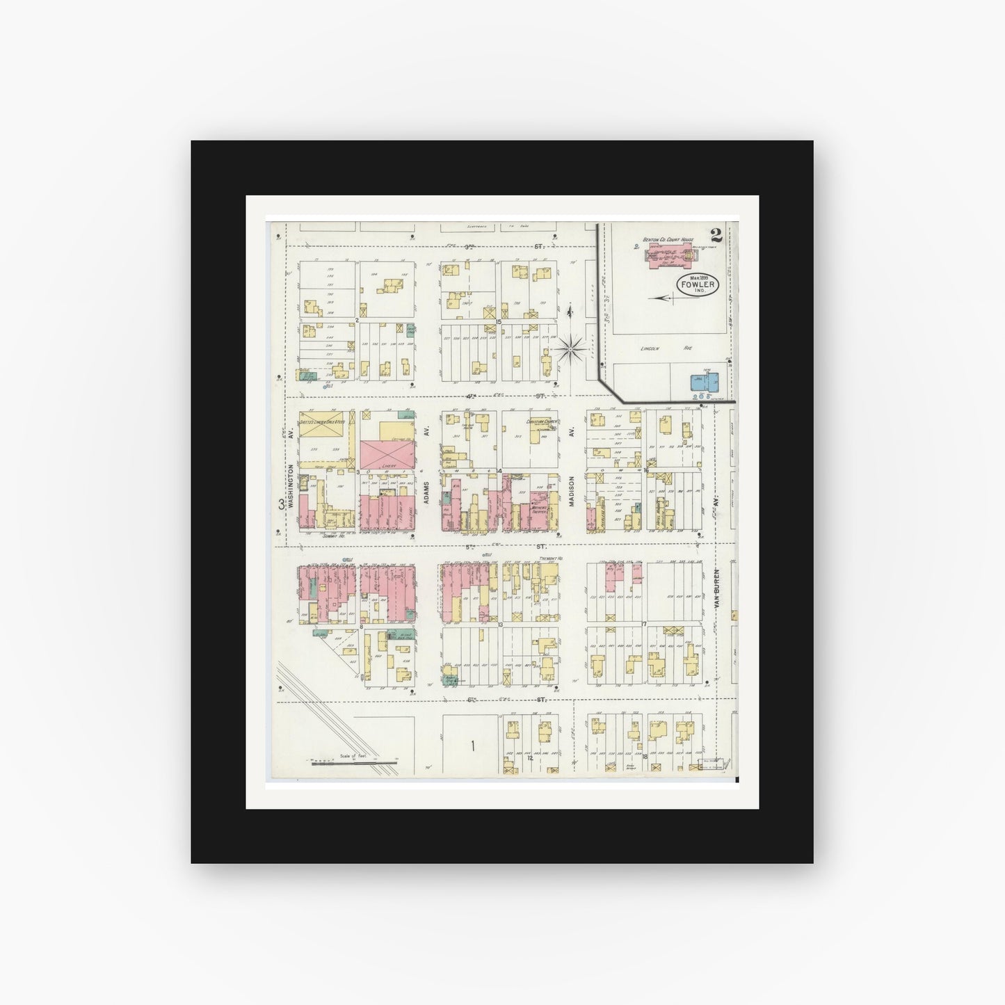 Old map wall art mockup — black gallery frame with white mat — Sanborn Fire Insurance Map from Fowler, Benton County, Indiana (1899), Sheet #0002