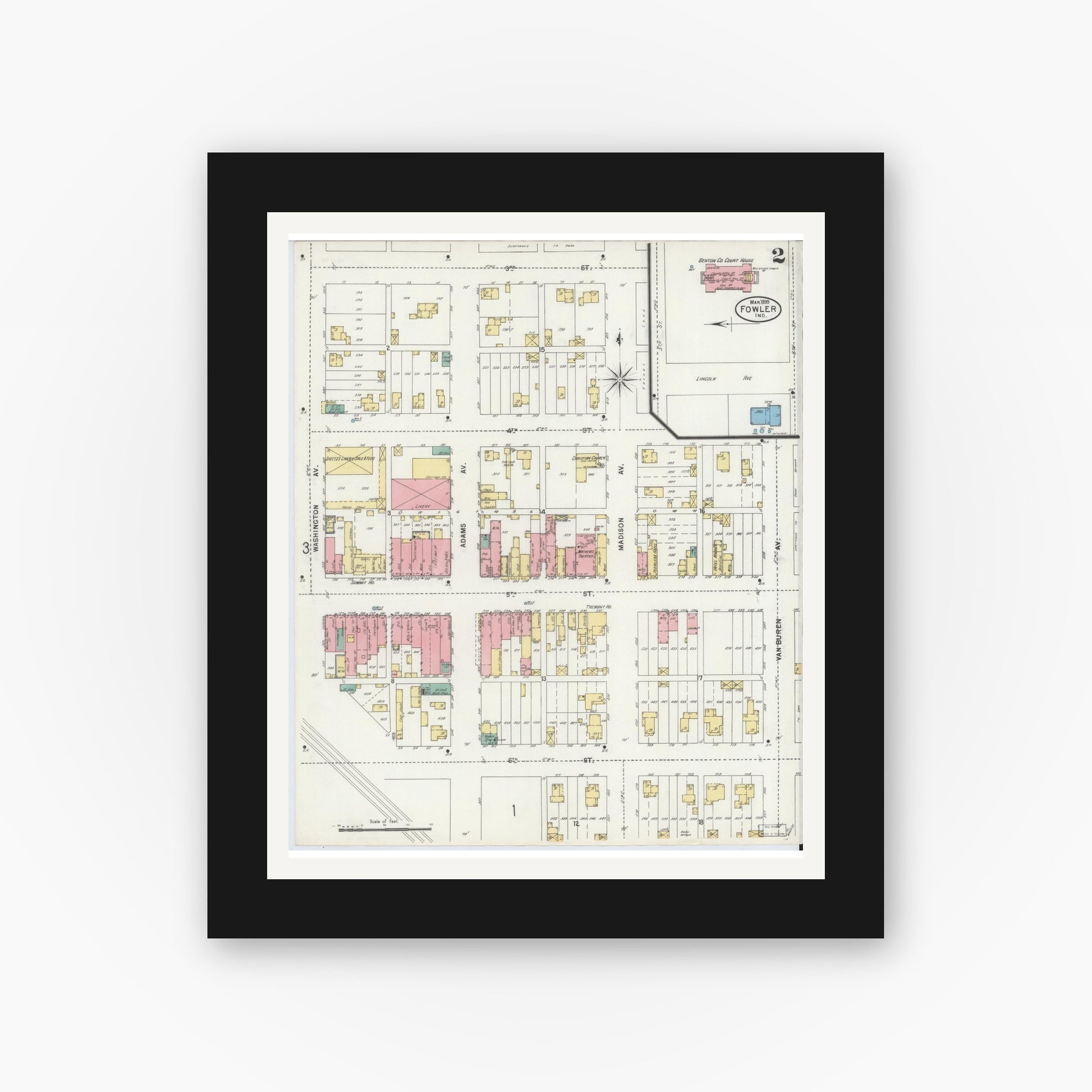 Old map wall art mockup — black gallery frame with white mat — Sanborn Fire Insurance Map from Fowler, Benton County, Indiana (1899), Sheet #0002