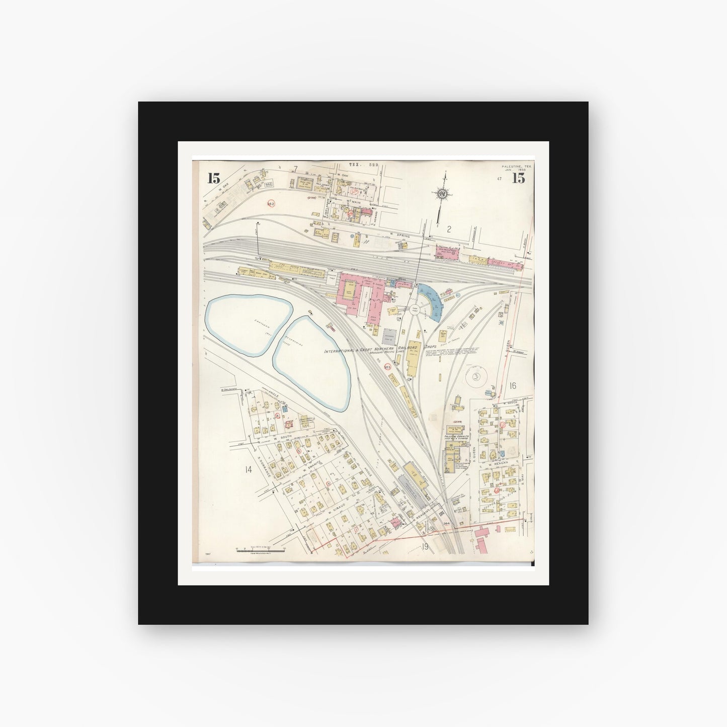 Old map wall art mockup — black gallery frame with white mat — Sanborn Fire Insurance Map from Palestine, Anderson County, Texas (1949), Sheet #0015