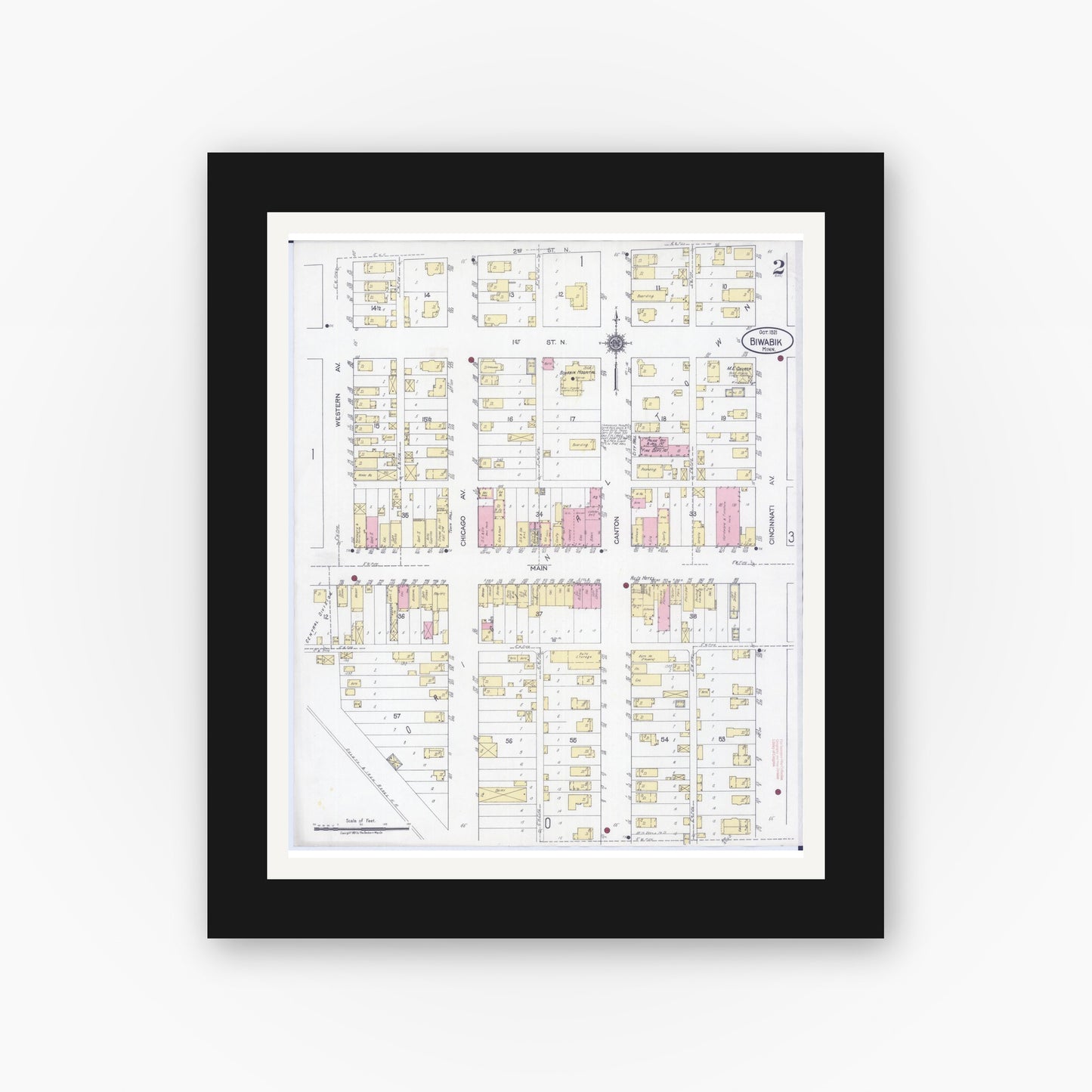 Old map wall art mockup — black gallery frame with white mat — Sanborn Fire Insurance Map from Biwabik, Saint Louis County, Minnesota (1921), Sheet #0002