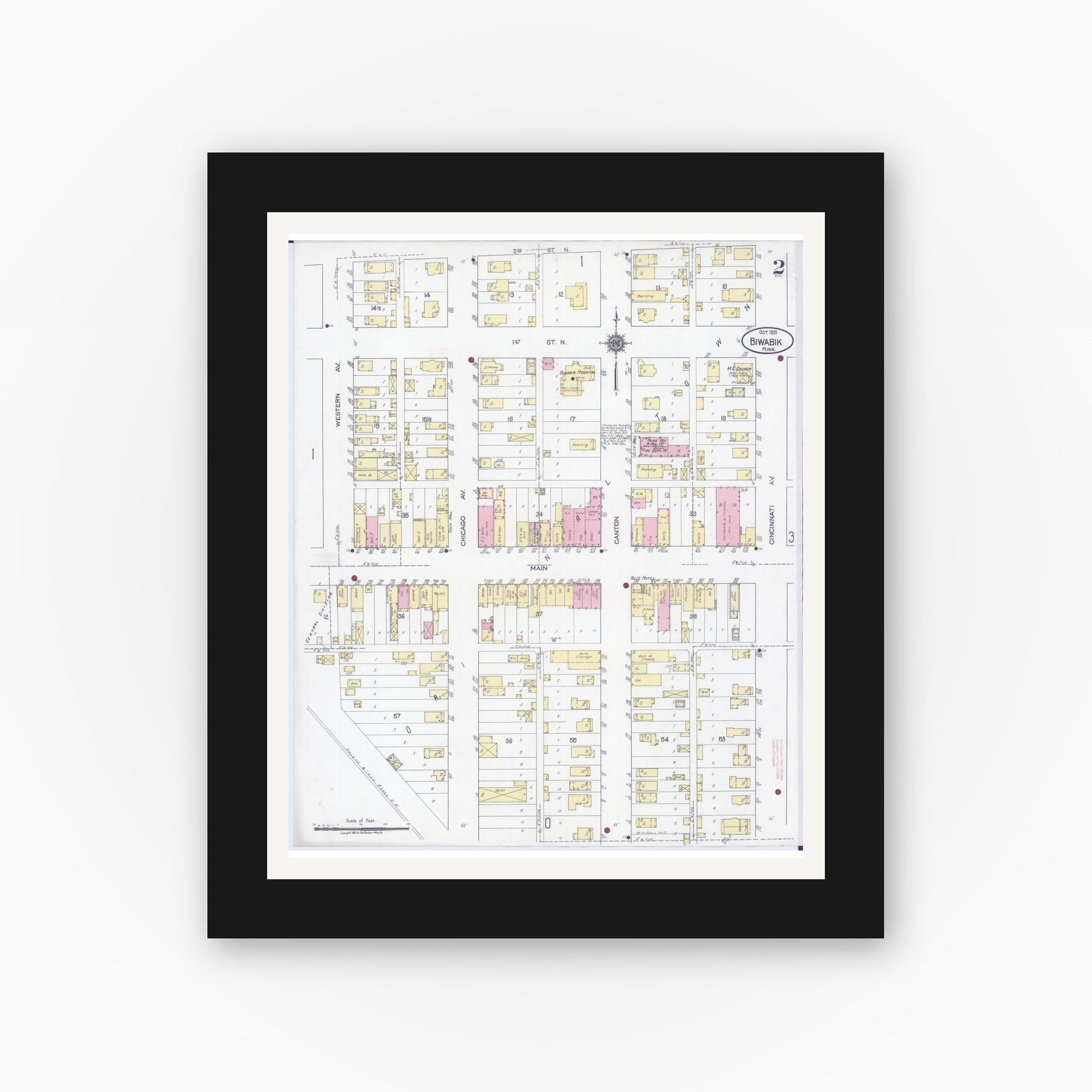 Old map wall art mockup — black gallery frame with white mat — Sanborn Fire Insurance Map from Biwabik, Saint Louis County, Minnesota (1921), Sheet #0002