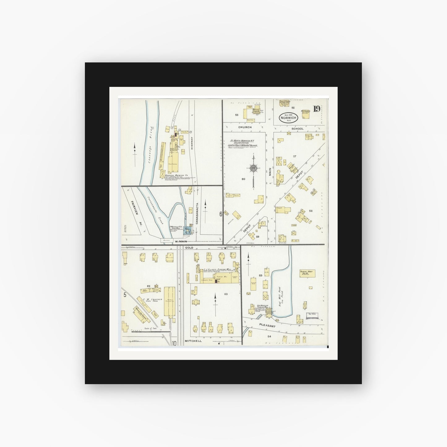 Old map wall art mockup — black gallery frame with white mat — Sanborn Fire Insurance Map from Norwich, Chenango County, New York (1910), Sheet #0019