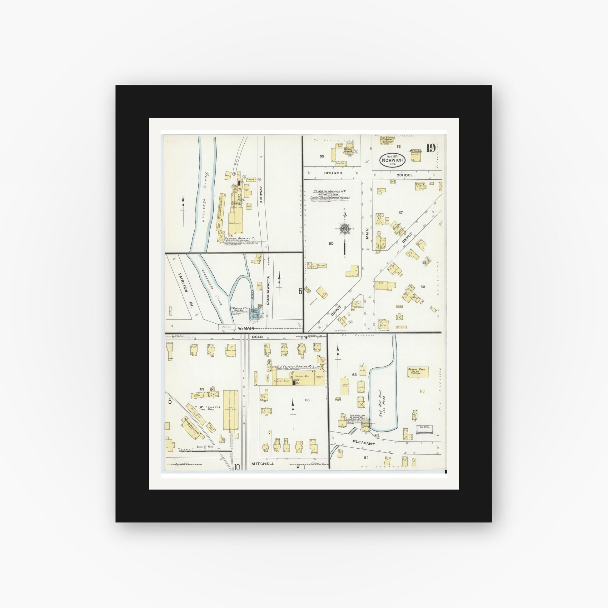 Old map wall art mockup — black gallery frame with white mat — Sanborn Fire Insurance Map from Norwich, Chenango County, New York (1910), Sheet #0019