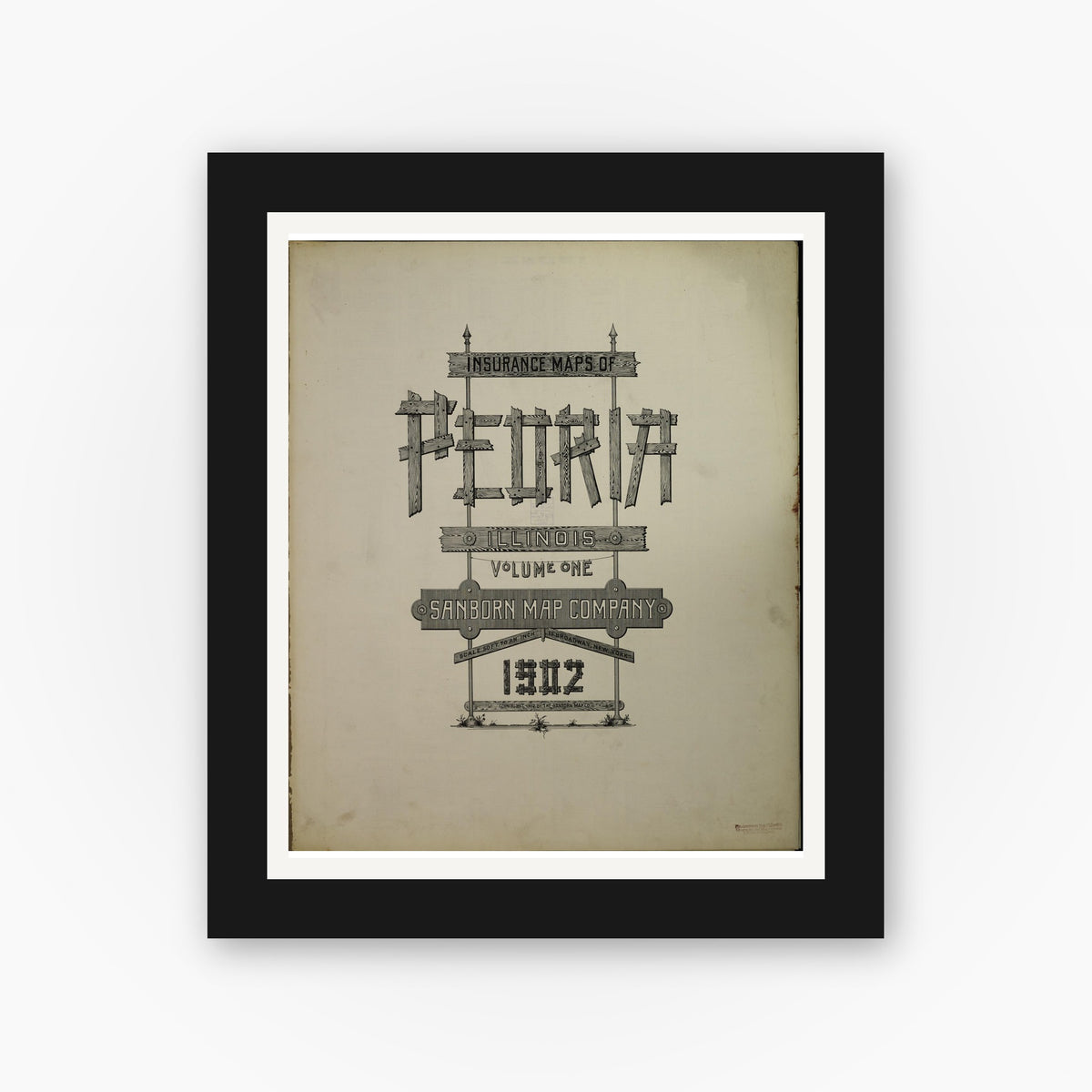 Old map wall art mockup — black gallery frame with white mat — Sanborn Fire Insurance Map from Peoria, Peoria County, Illinois (1902), Sheet #0001