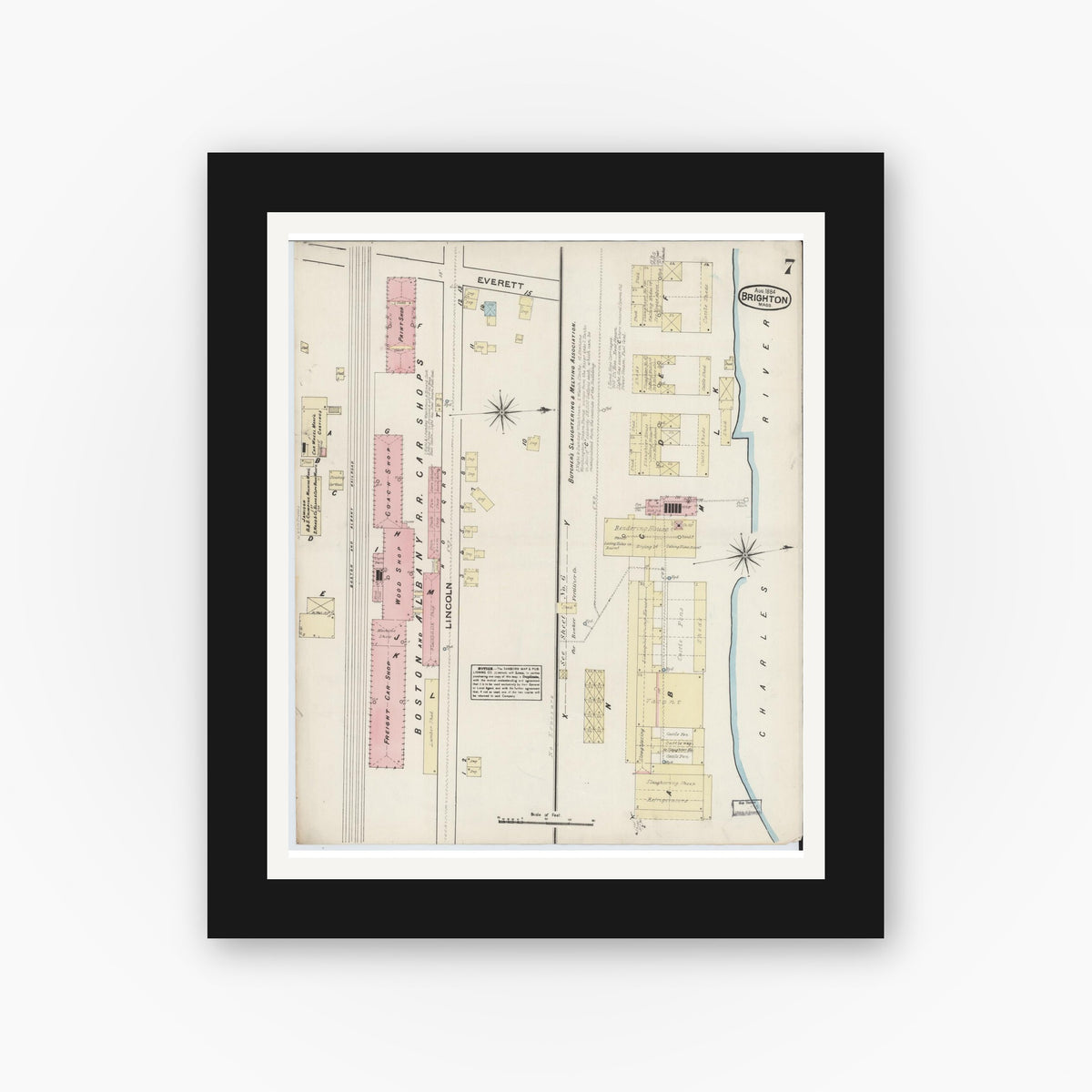 Old map wall art mockup — black gallery frame with white mat — Sanborn Fire Insurance Map from Brighton, Suffolk County, Massachusetts (1884), Sheet #0007
