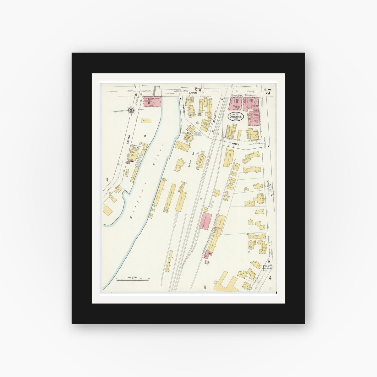 Old map wall art mockup — black gallery frame with white mat — Sanborn Fire Insurance Map from Orange, Franklin County, Massachusetts (1911), Sheet #0007