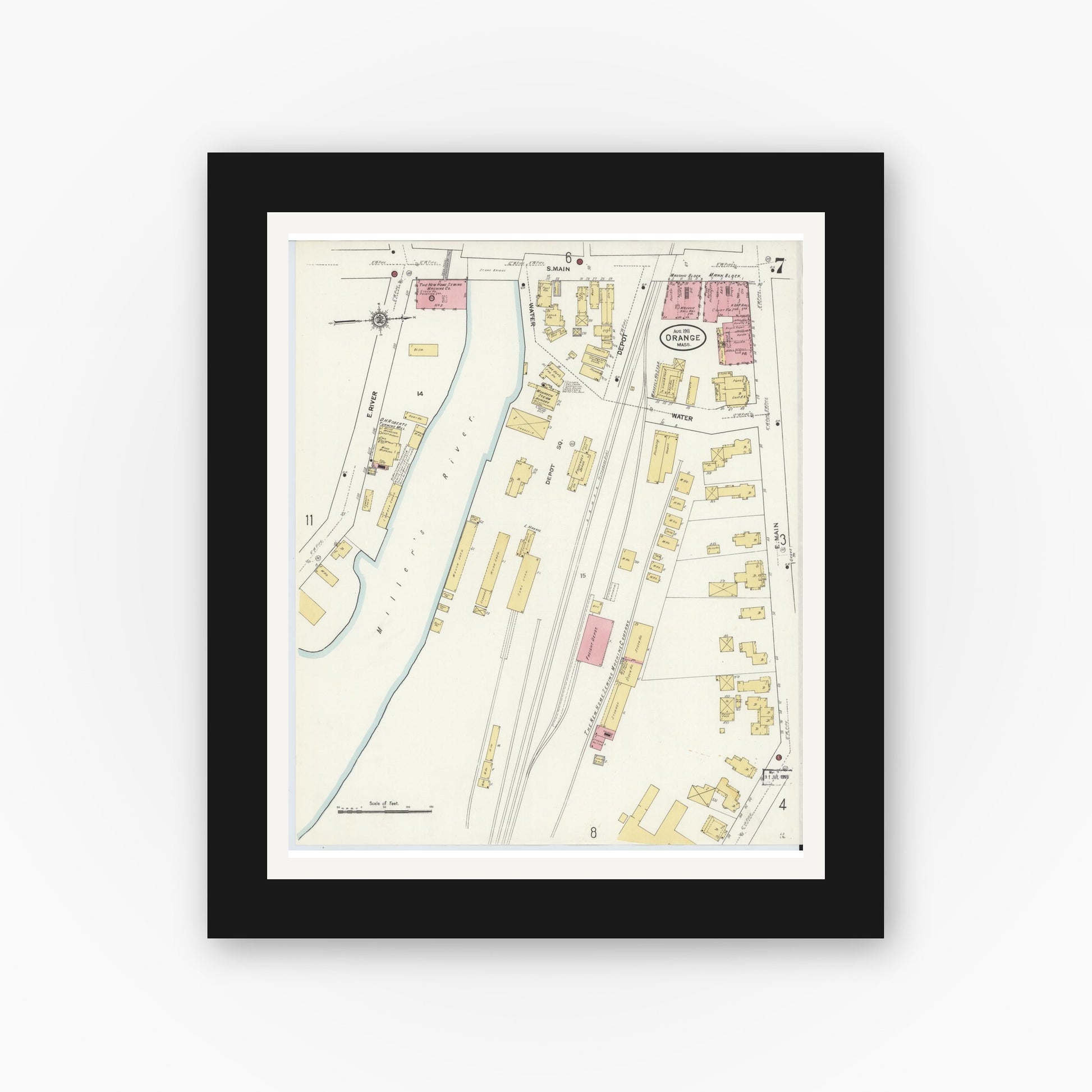 Old map wall art mockup — black gallery frame with white mat — Sanborn Fire Insurance Map from Orange, Franklin County, Massachusetts (1911), Sheet #0007