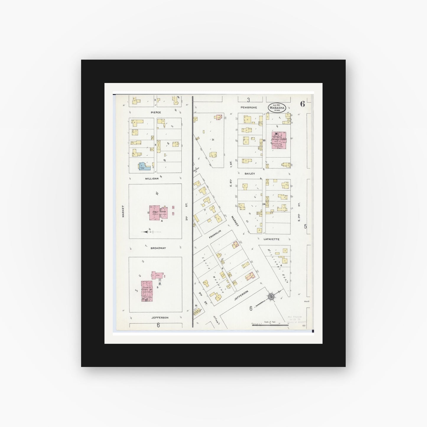 Old map wall art mockup — black gallery frame with white mat — Sanborn Fire Insurance Map from Wabasha, Wabasha County, Minnesota (1910), Sheet #0006