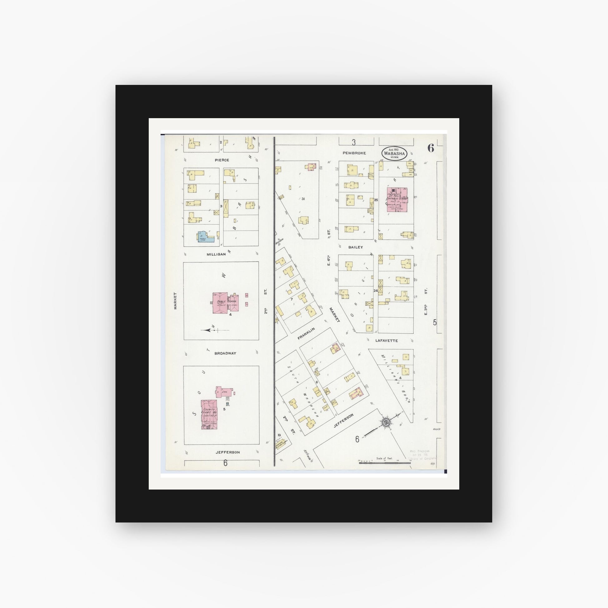 Old map wall art mockup — black gallery frame with white mat — Sanborn Fire Insurance Map from Wabasha, Wabasha County, Minnesota (1910), Sheet #0006