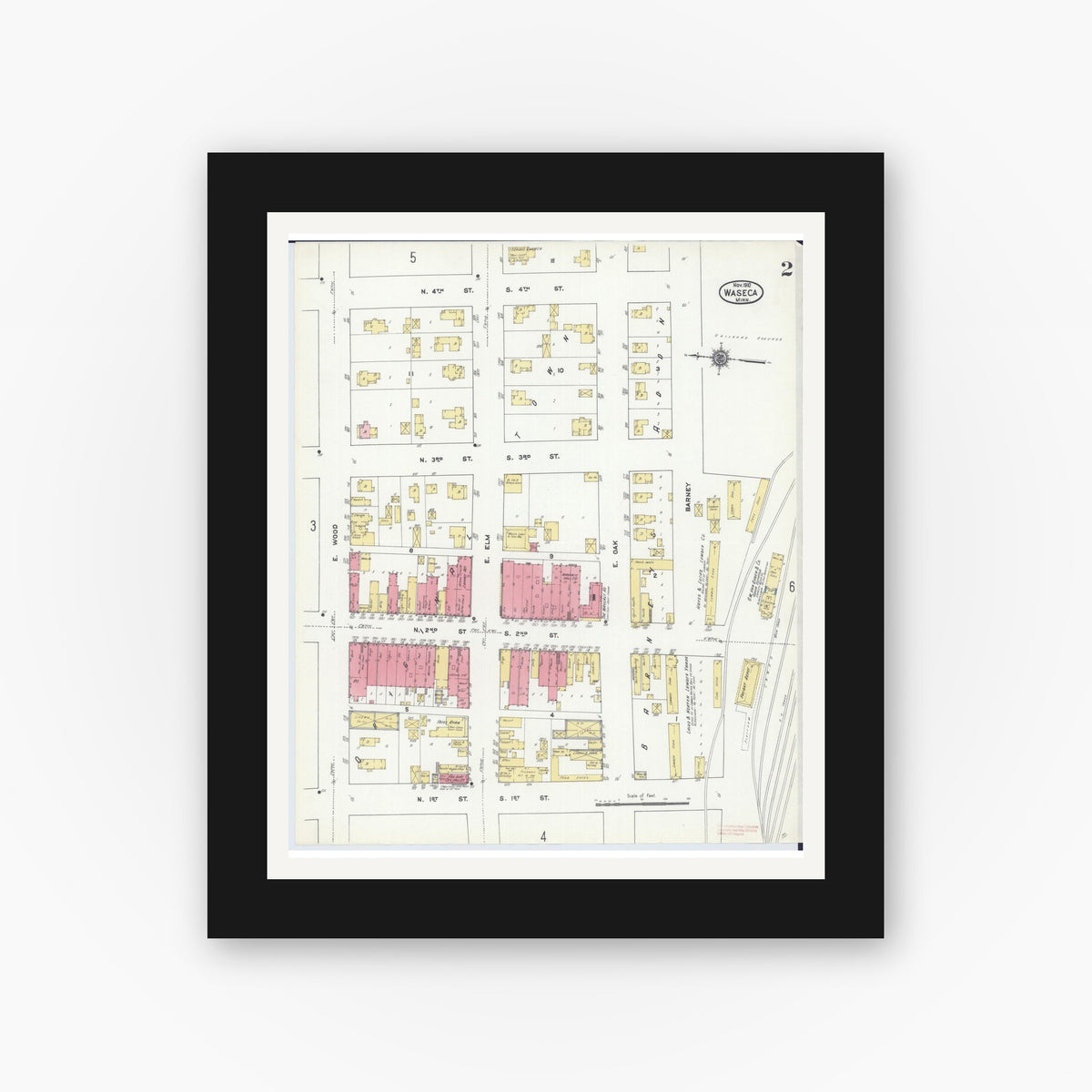 Old map wall art mockup — black gallery frame with white mat — Sanborn Fire Insurance Map from Waseca, Waseca County, Minnesota (1910), Sheet #0002