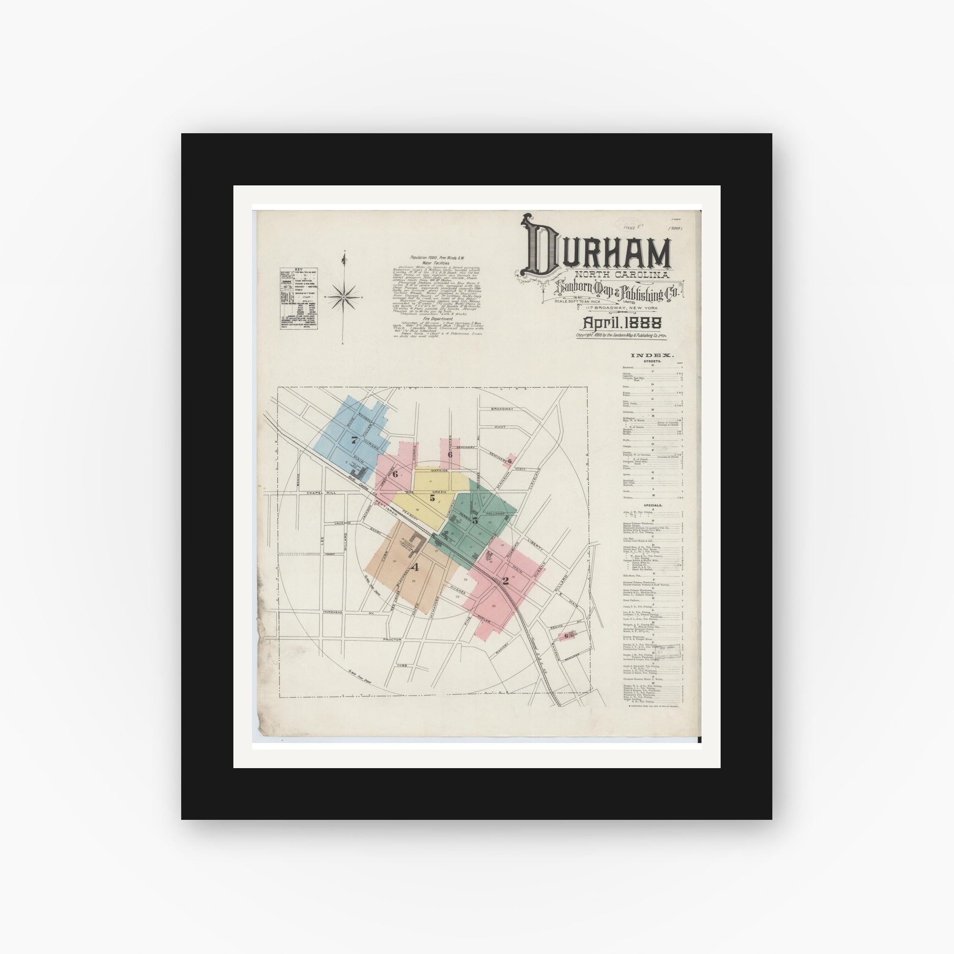 Old map wall art mockup — black gallery frame with white mat — Sanborn Fire Insurance Map from Durham, Durham County, North Carolina (1888), Sheet #0001