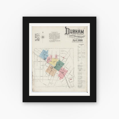Old map wall art mockup — black gallery frame with white mat — Sanborn Fire Insurance Map from Durham, Durham County, North Carolina (1888), Sheet #0001