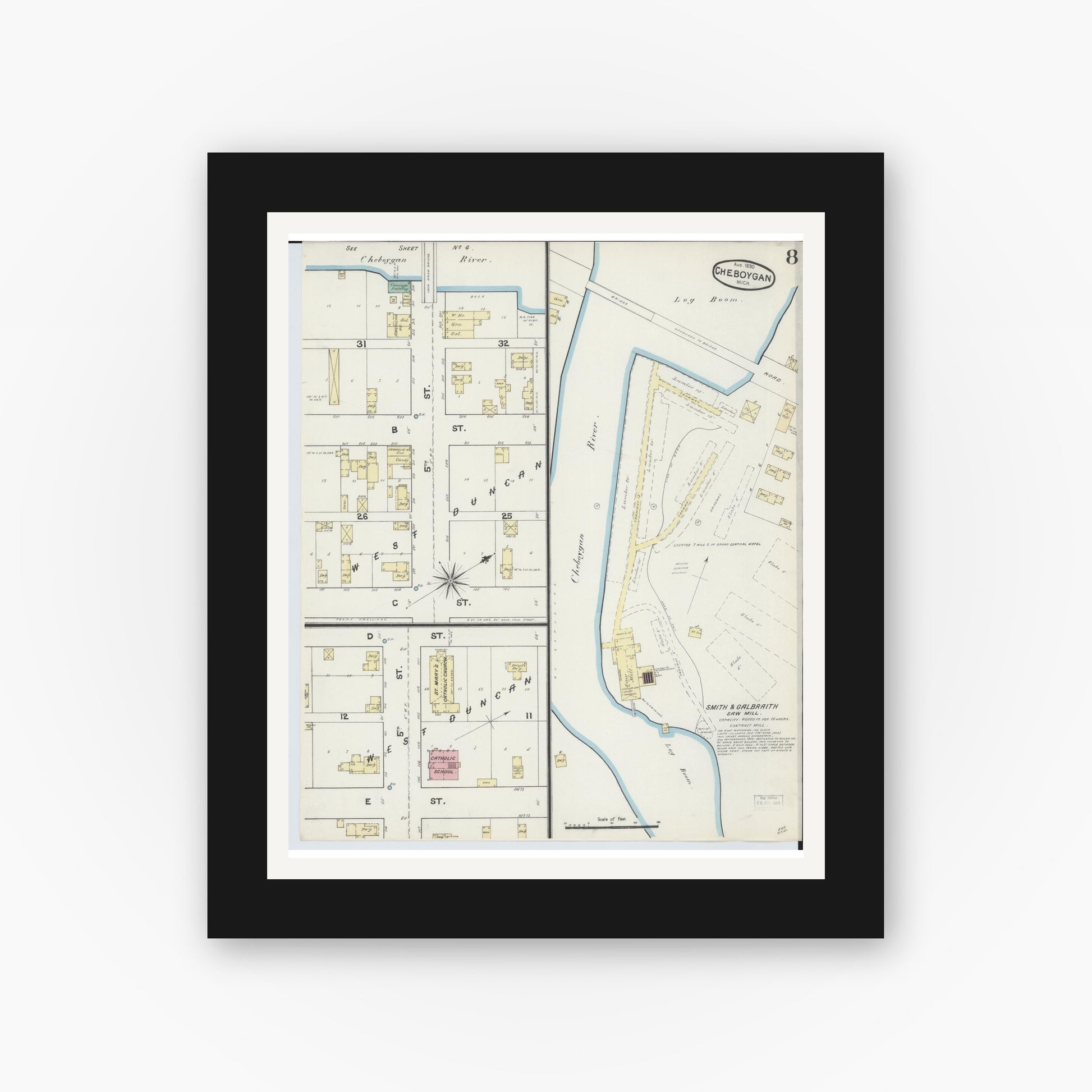 Old map wall art mockup — black gallery frame with white mat — Sanborn Fire Insurance Map from Cheboygan, Cheboygan County, Michigan (1890), Sheet #0008