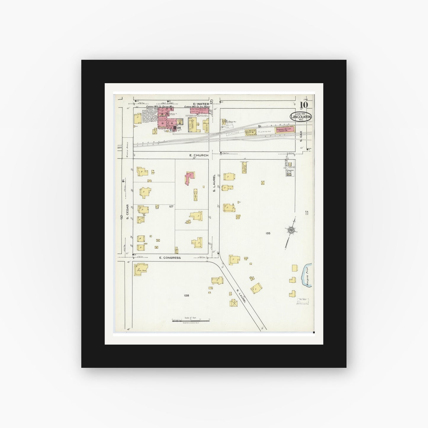 Old map wall art mockup — black gallery frame with white mat — Sanborn Fire Insurance Map from Lincolnton, Lincoln County, North Carolina (1921), Sheet #0010