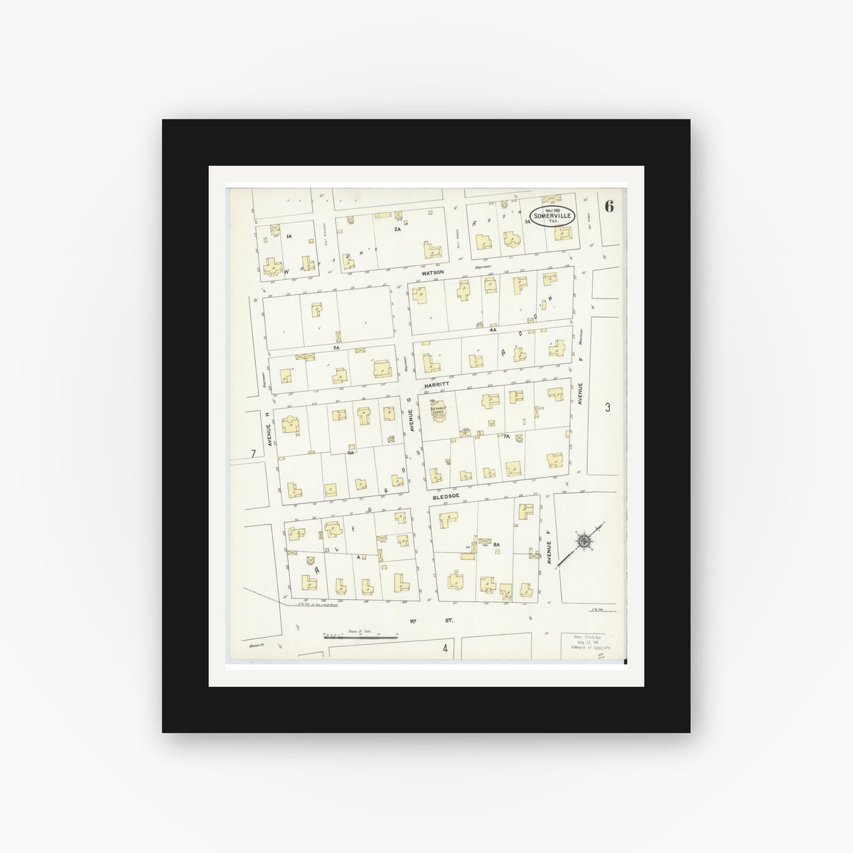 Old map wall art mockup — black gallery frame with white mat — Sanborn Fire Insurance Map from Somerville, Burleson County, Texas (1910), Sheet #0006