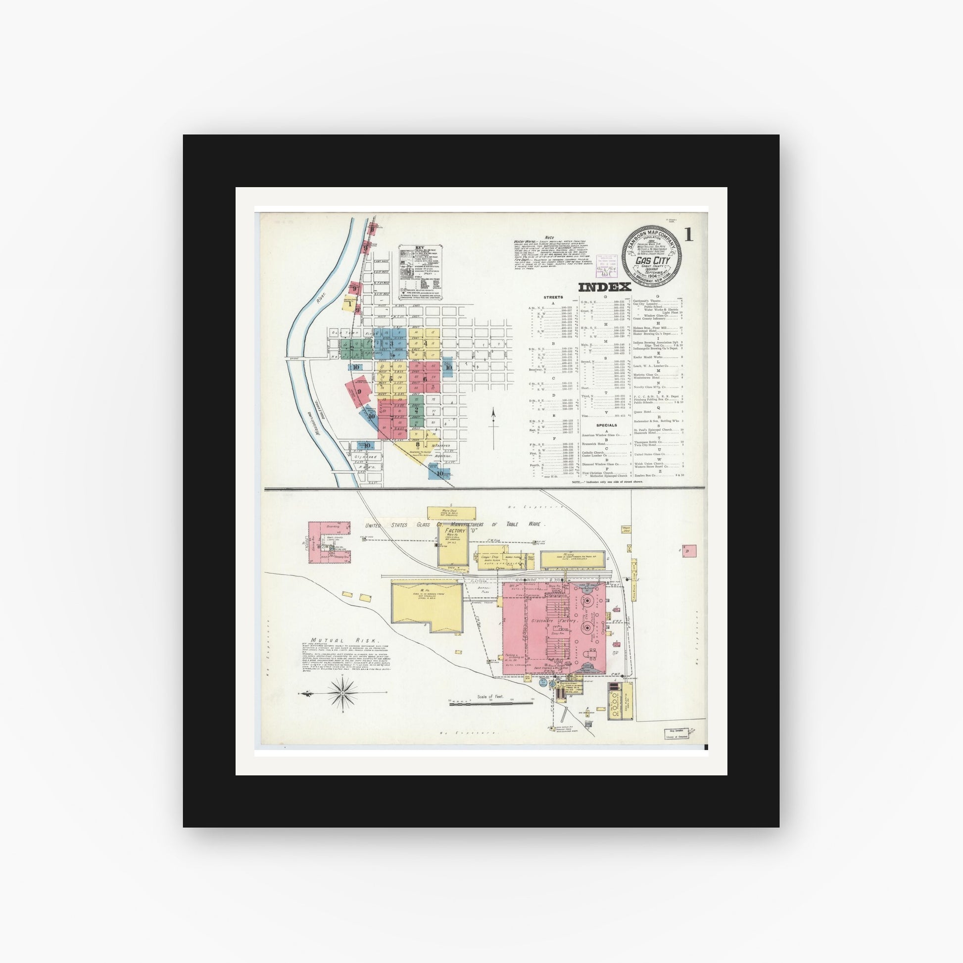 Old map wall art mockup — black gallery frame with white mat — Sanborn Fire Insurance Map from Gas City, Grant County, Indiana (1904) - Complete Map Set