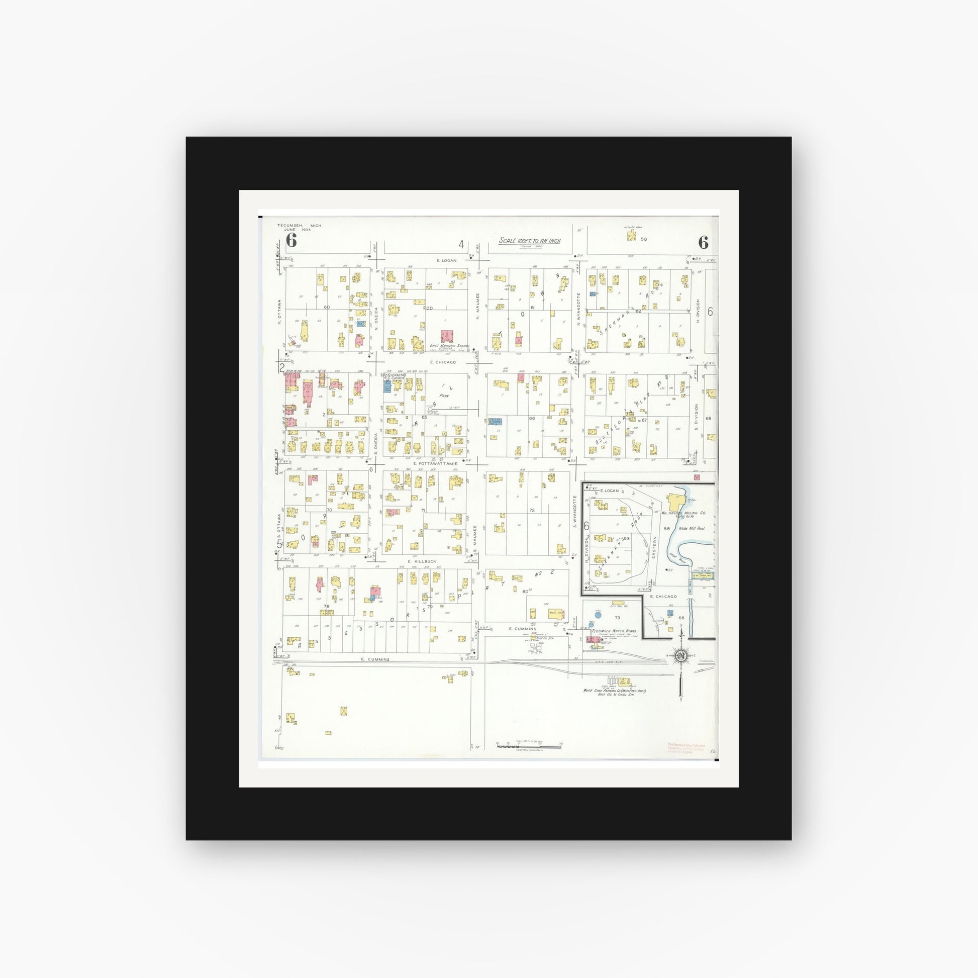 Old map wall art mockup — black gallery frame with white mat — Sanborn Fire Insurance Map from Tecumseh, Lenawee County, Michigan (1935), Sheet #0006