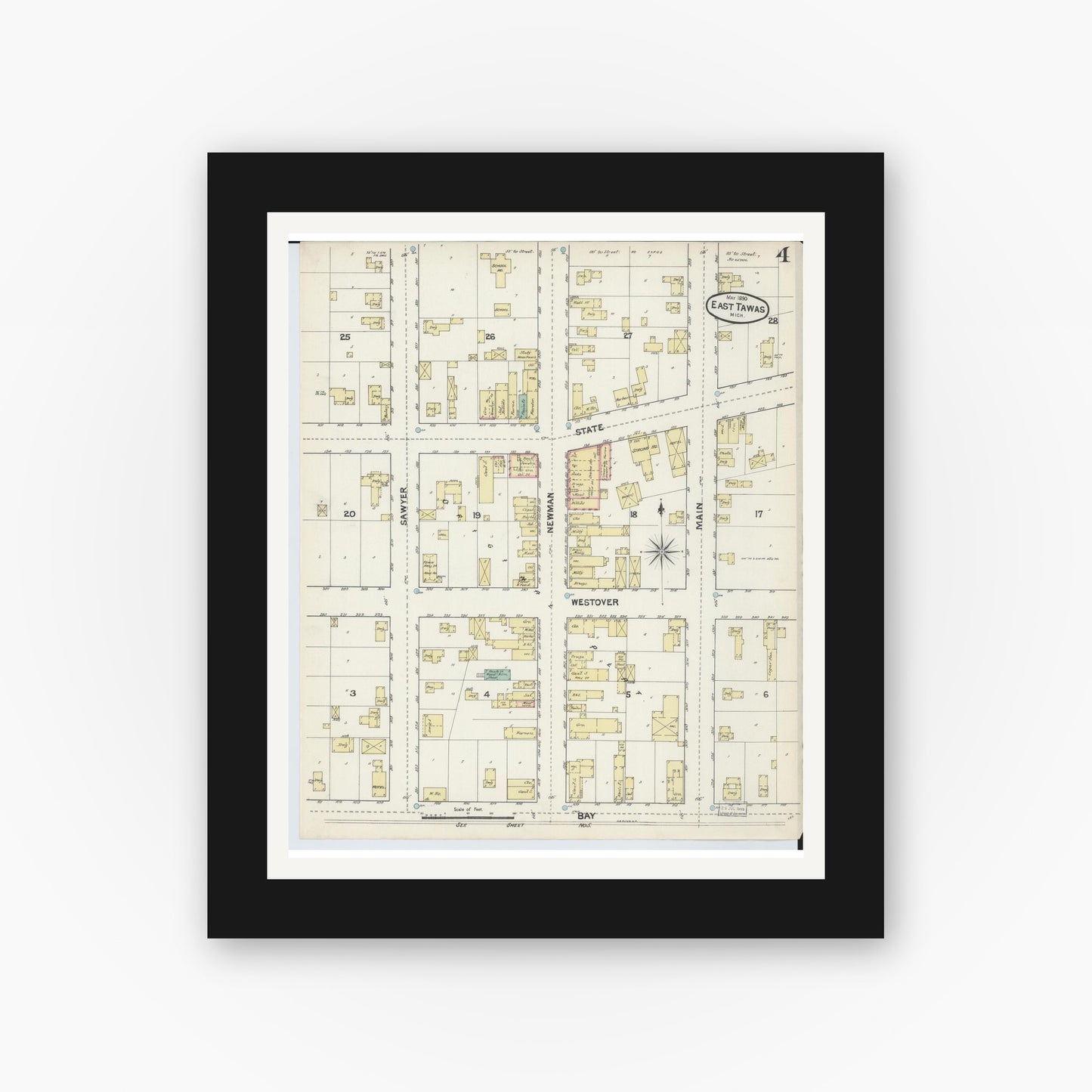 Old map wall art mockup — black gallery frame with white mat — Sanborn Fire Insurance Map from East Tawas, Iosco County, Michigan (1890), Sheet #0004